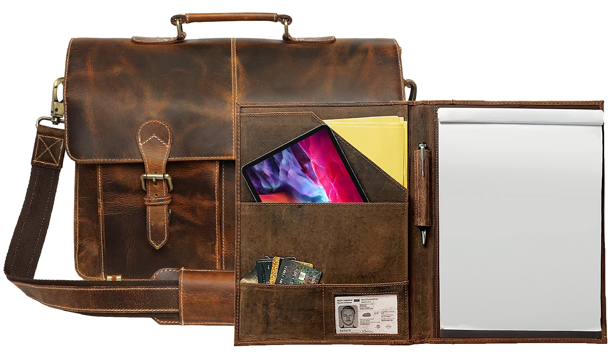 Genuine Leather File Folder & Laptop Messenger Bag Set - Professional Business Organizer for Men & Women - Perfect for Office, Work, Commuting & Business Travel Accessories