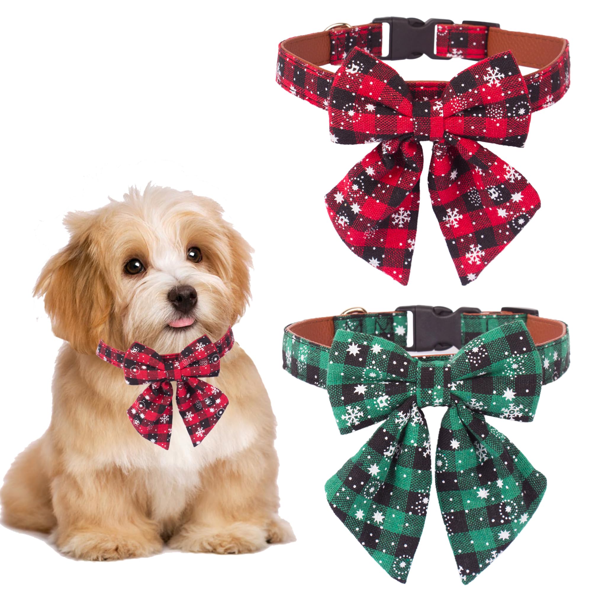 ADOGGYGO 2 Pack Christmas Dog Collar with Bow Tie - Classic Plaid Red Green Adjustable Pet Collar with Removable Bowtie for Small Dogs - Perfect for Holiday Photos & Festive Pet Parties
