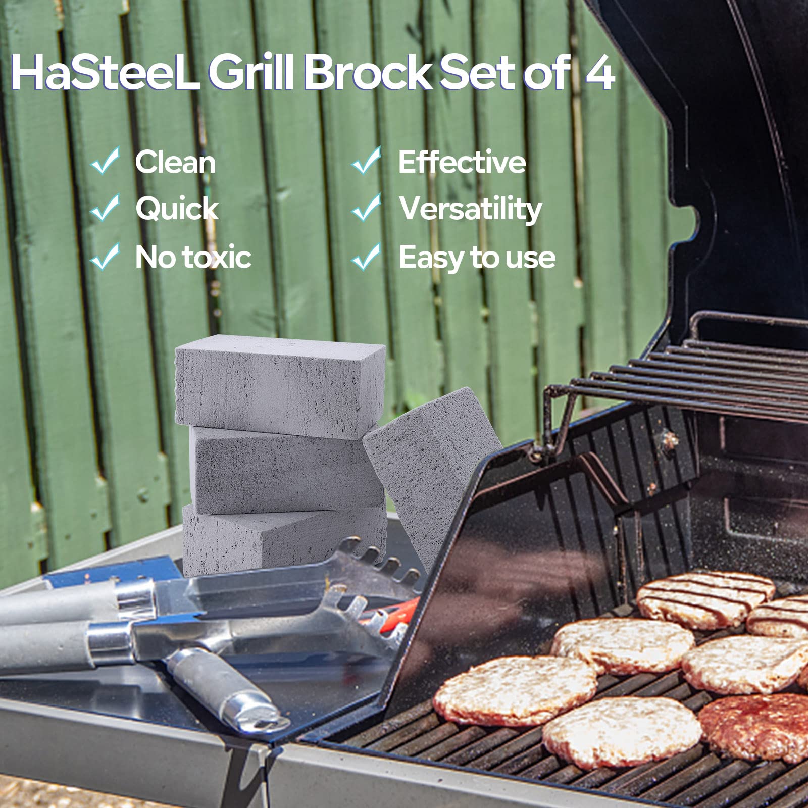 HaSteeL Grill Cleaning Brick Kit of 4 - Commercial Grade Pumice Stone for Removing Stains on Griddles, Flat Tops, Racks & Cast Iron - Reusable Grill Block Cleaner for BBQ, Sink & Kitchen Use