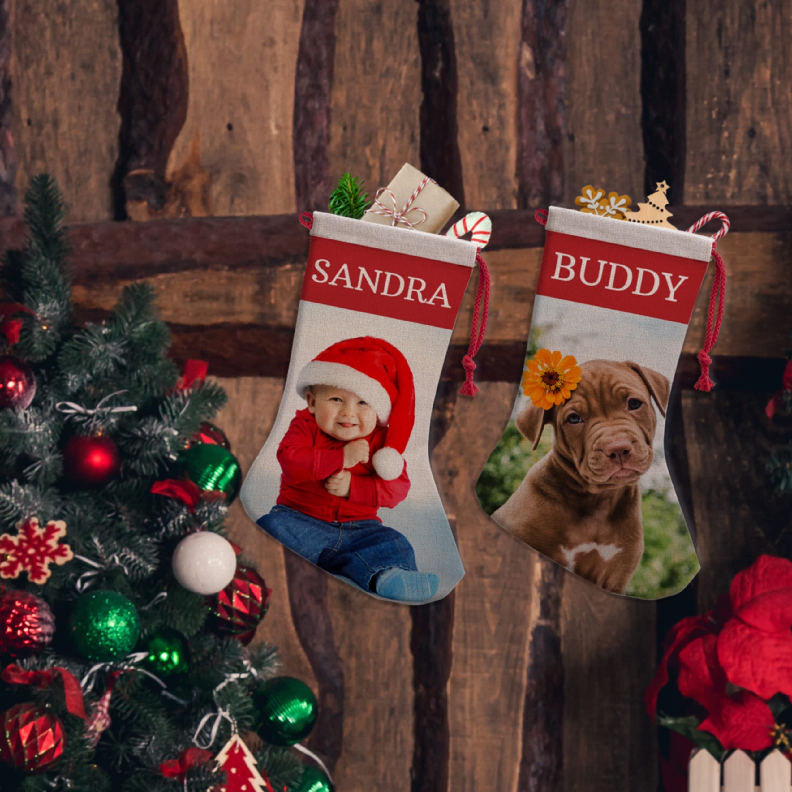 Personalized Christmas Stockings with Name & Photo - Custom 16 Inch Holiday Stocking Gifts for Family & Friends | Upload Any Picture | Funny Xmas Fireplace Decorations for Home, Office & Christmas Party Decor