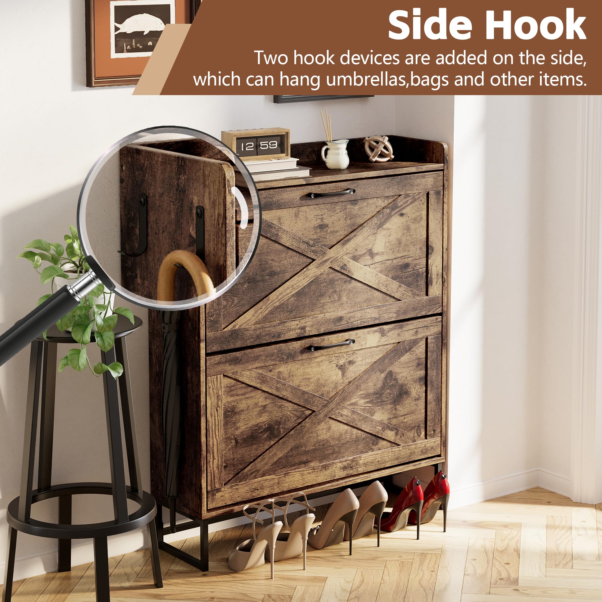 Hidden Shoe Storage Cabinet with 2 Rattan Flip Drawers & Adjustable Shelves - Entryway Shoe Organizer for Hallway, Closet | Space-Saving Shoe Rack for Small Apartments & Mudrooms