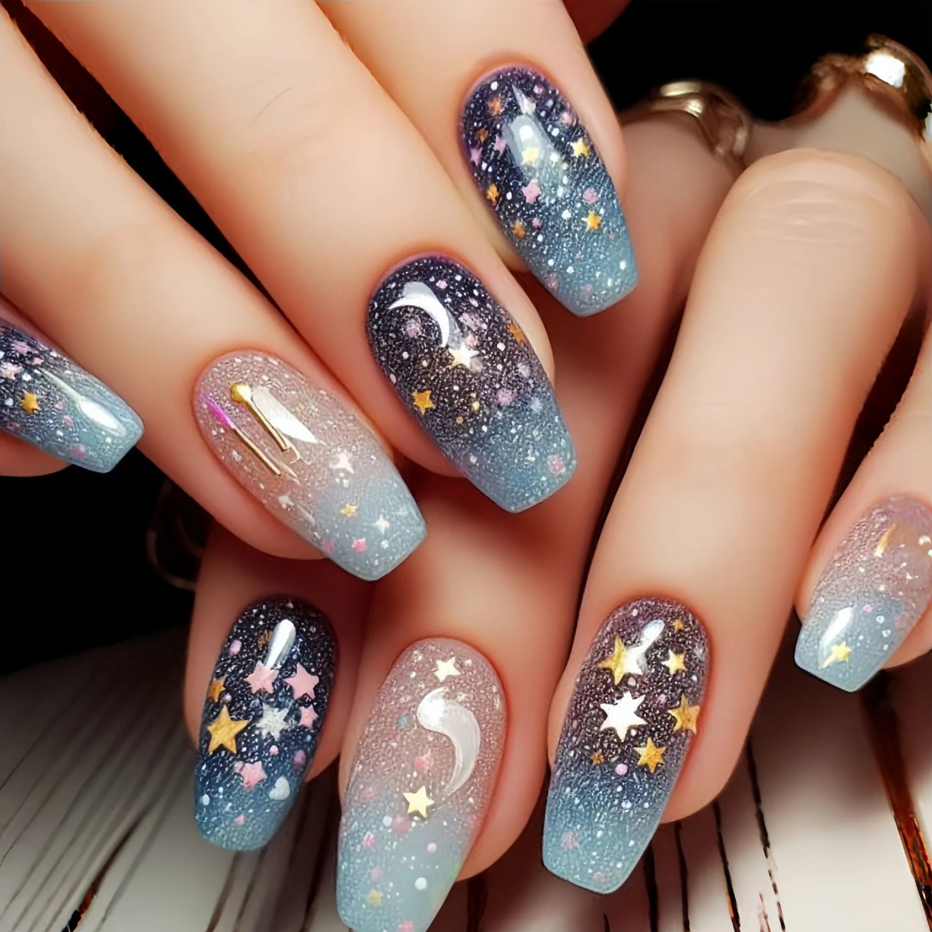 24Pcs Short Colorful Fake Nails - French Ballet Star Moon Design Press On Nails with Shiny Glitter - Full Cover Wearable Nail Art Stickers for Women, Girls - Perfect for Parties, Weddings, Date Nights & Special Occasions