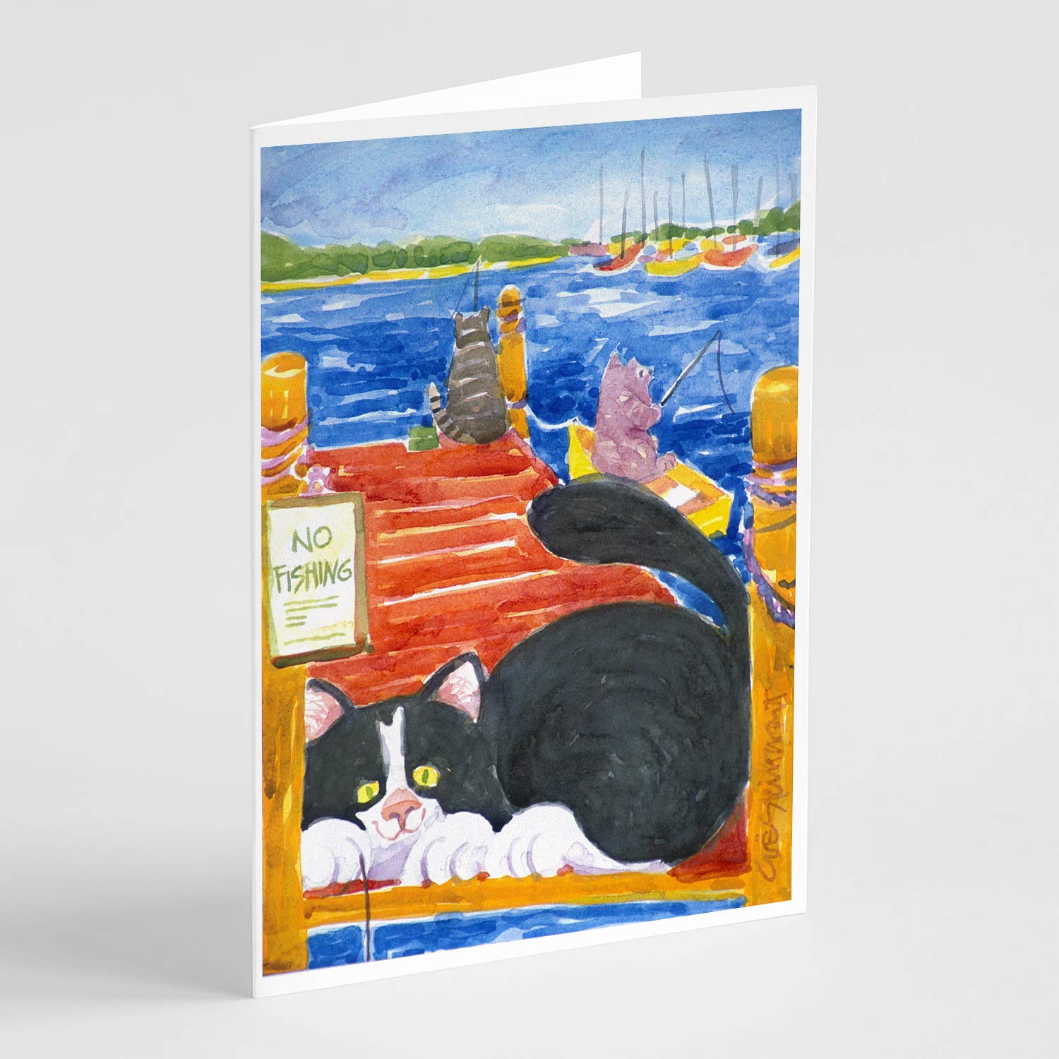 Caroline's Treasures 6001GCA7P Whimsical Cat Fishing from Dock Blank Greeting Cards - Pack of 8 A7 Size 5x7 Note Cards with Envelopes | Perfect for Birthday Wishes, Thank You Notes & Everyday Correspondence