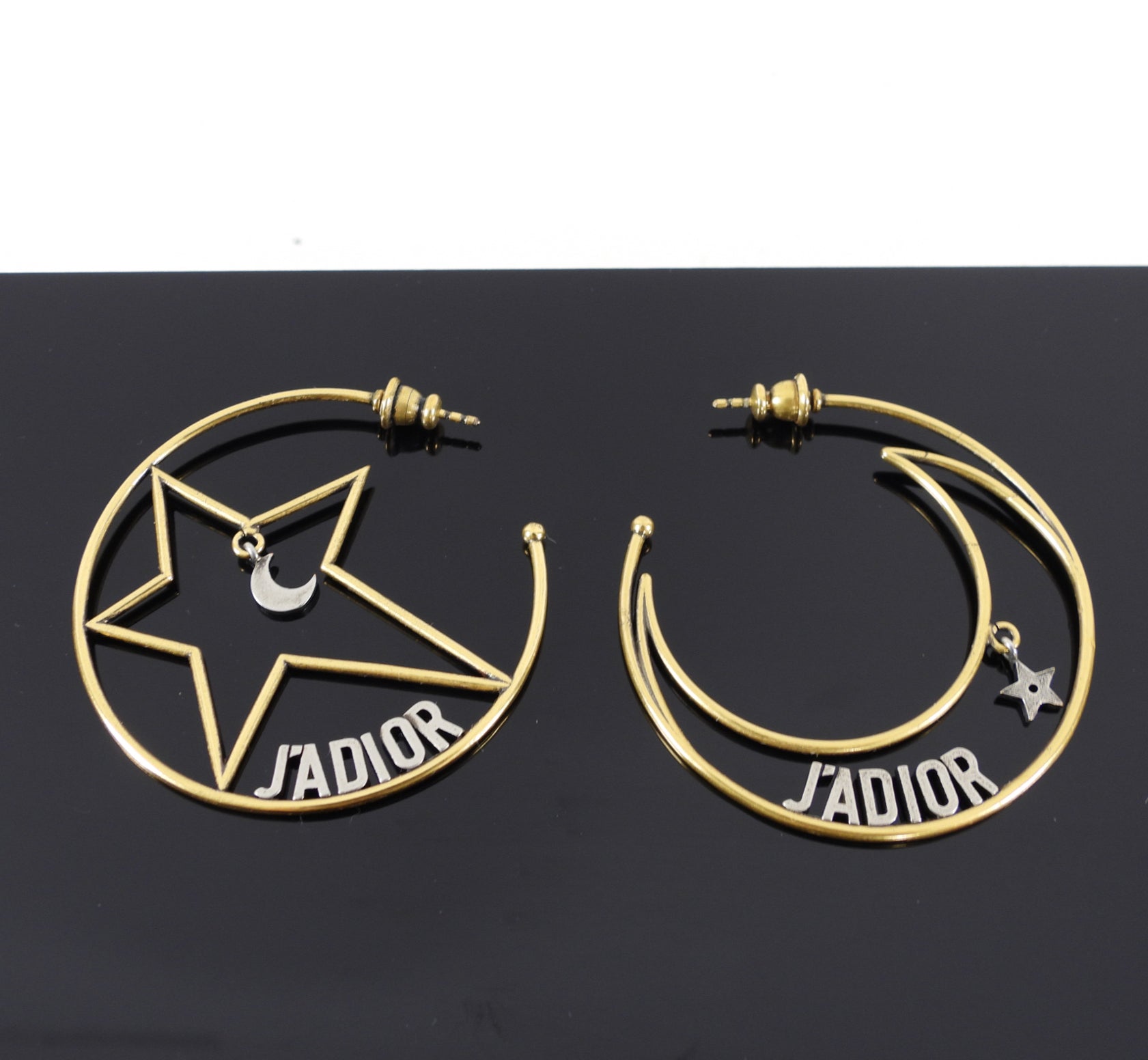 Dior J'Adior Brass Moon Star Logo Hoop Earrings - Luxury Fashion Jewelry for Women | Perfect for Parties, Date Nights & Special Occasions