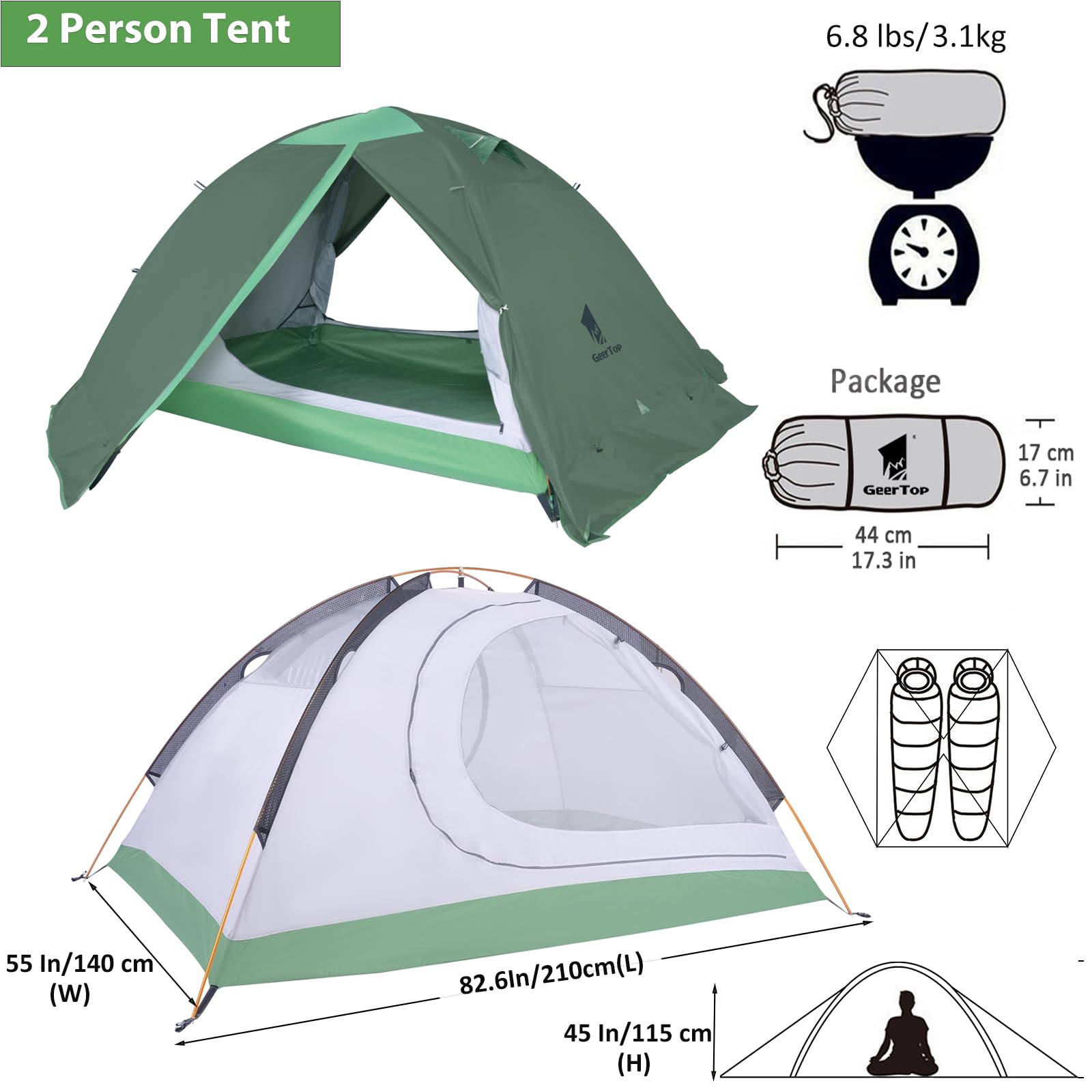 GEERTOP Ultralight 2-Person Backpacking Tent - 4 Season Waterproof Camping Tent with Double Layer for Cold Weather - Easy Setup for Family Camping, Hiking, Hunting & Mountaineering - Perfect for Outdoor Adventures & Travel