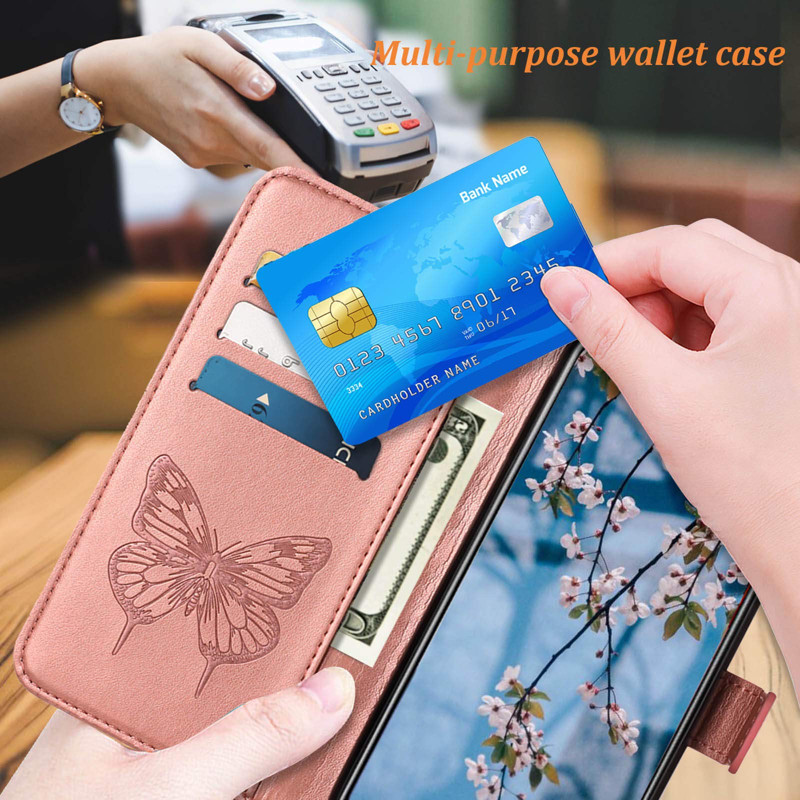 Premium Leather Wallet Phone Case for Moto G Power 2021 - Floral Embossed Butterfly Design with Wrist Strap, Card Holder & Kickstand (Rose Gold) | Protective Flip Cover for Everyday Use & Travel