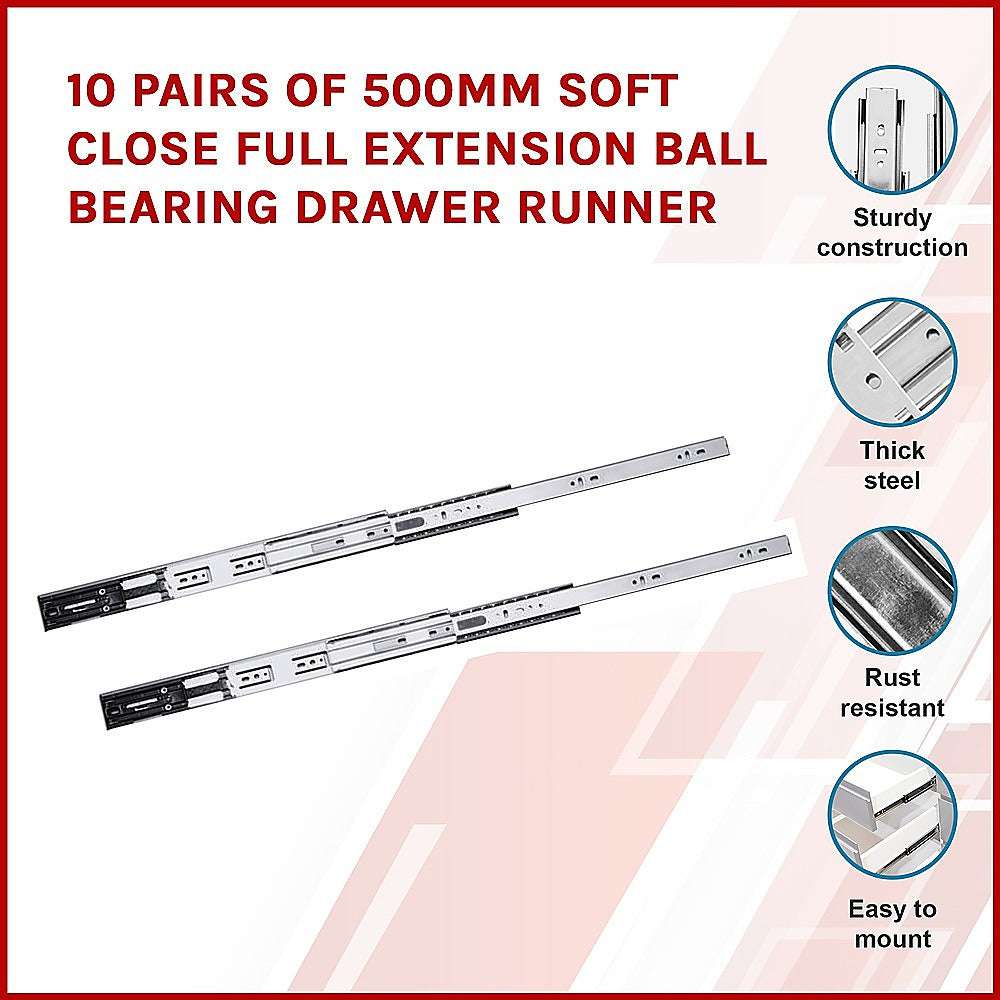 10 Pairs 500mm Soft Close Full Extension Ball Bearing Drawer Slides - Smooth Gliding for Kitchen Cabinets, Wardrobes & Office Furniture