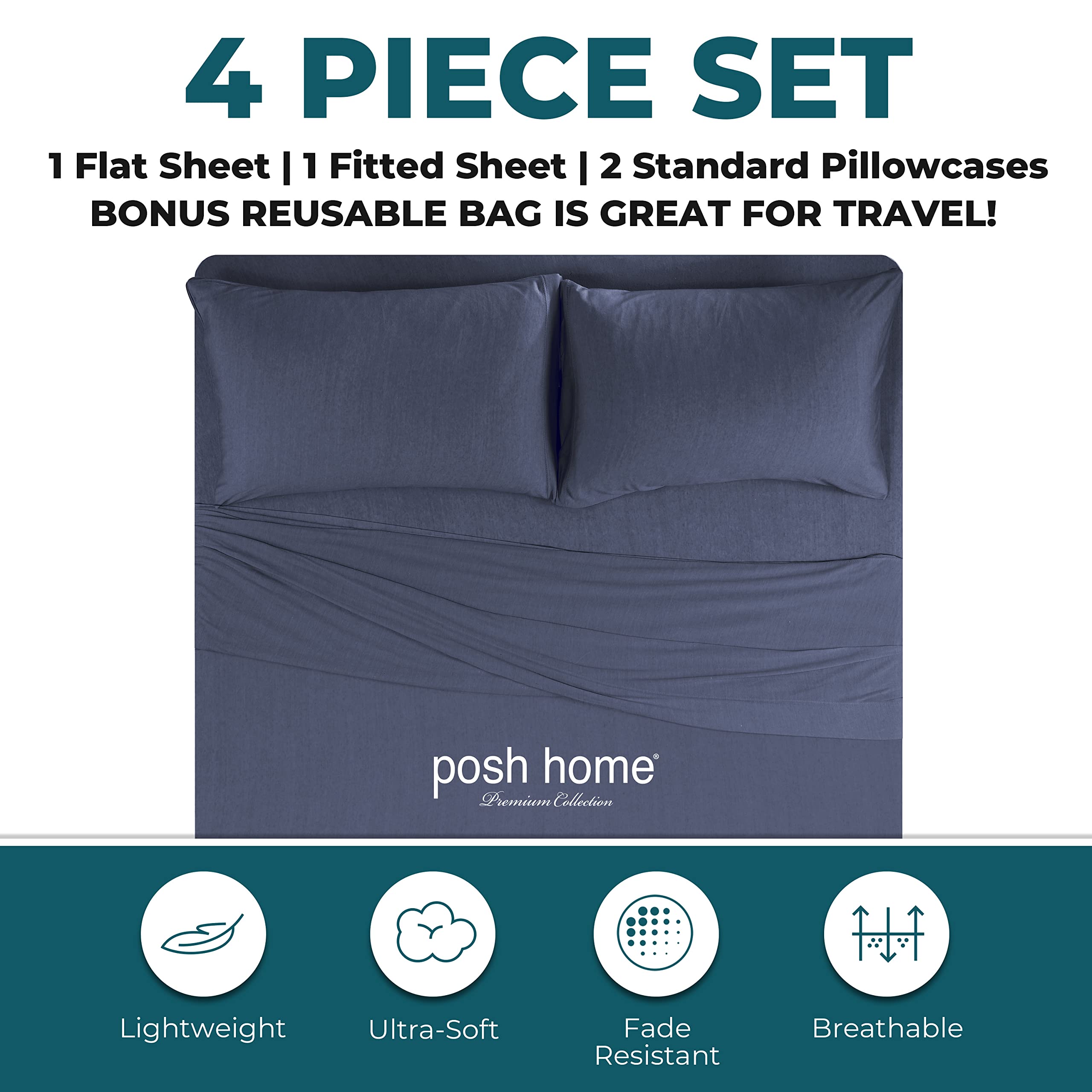 Posh Home Jersey Knit Sheet Set – 4-Piece Soft Breathable Cotton Bed Sheets – Includes Flat Sheet, Fitted Sheet & 2 Pillowcases – Full Size Navy Blue – Perfect for Cozy Nights, Guest Rooms & Everyday Comfort