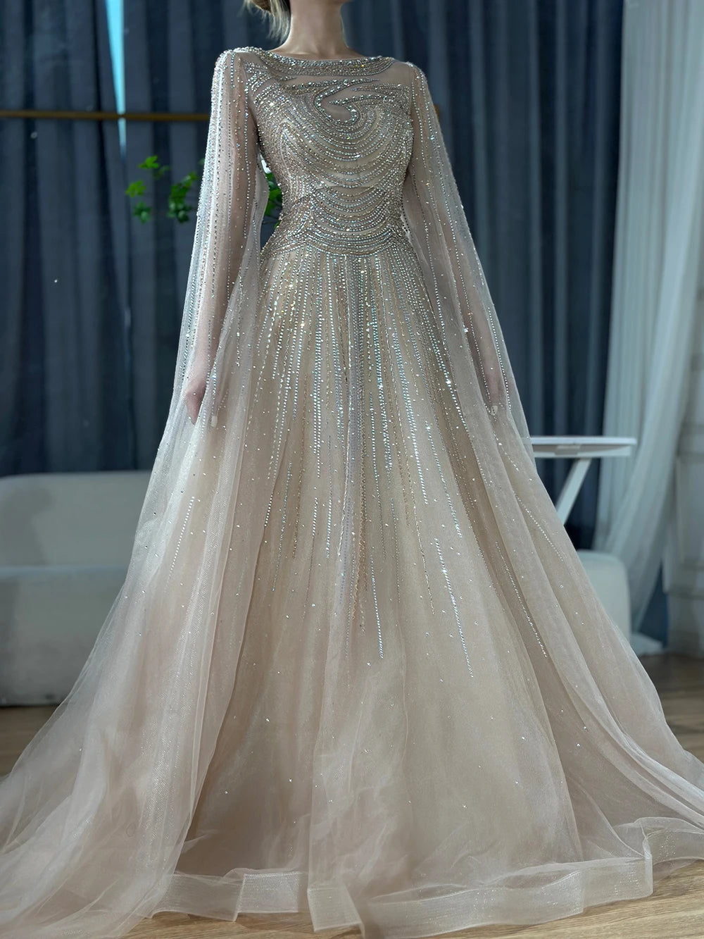 Luxury Dubai Arabic Caramel Saudi Evening Dresses with Cape Sleeves A-Line Beaded Gown for Wedding Party & Special Occasions - LA72799 | Elegant Formal Wear for Bridal, Prom & Gala Events