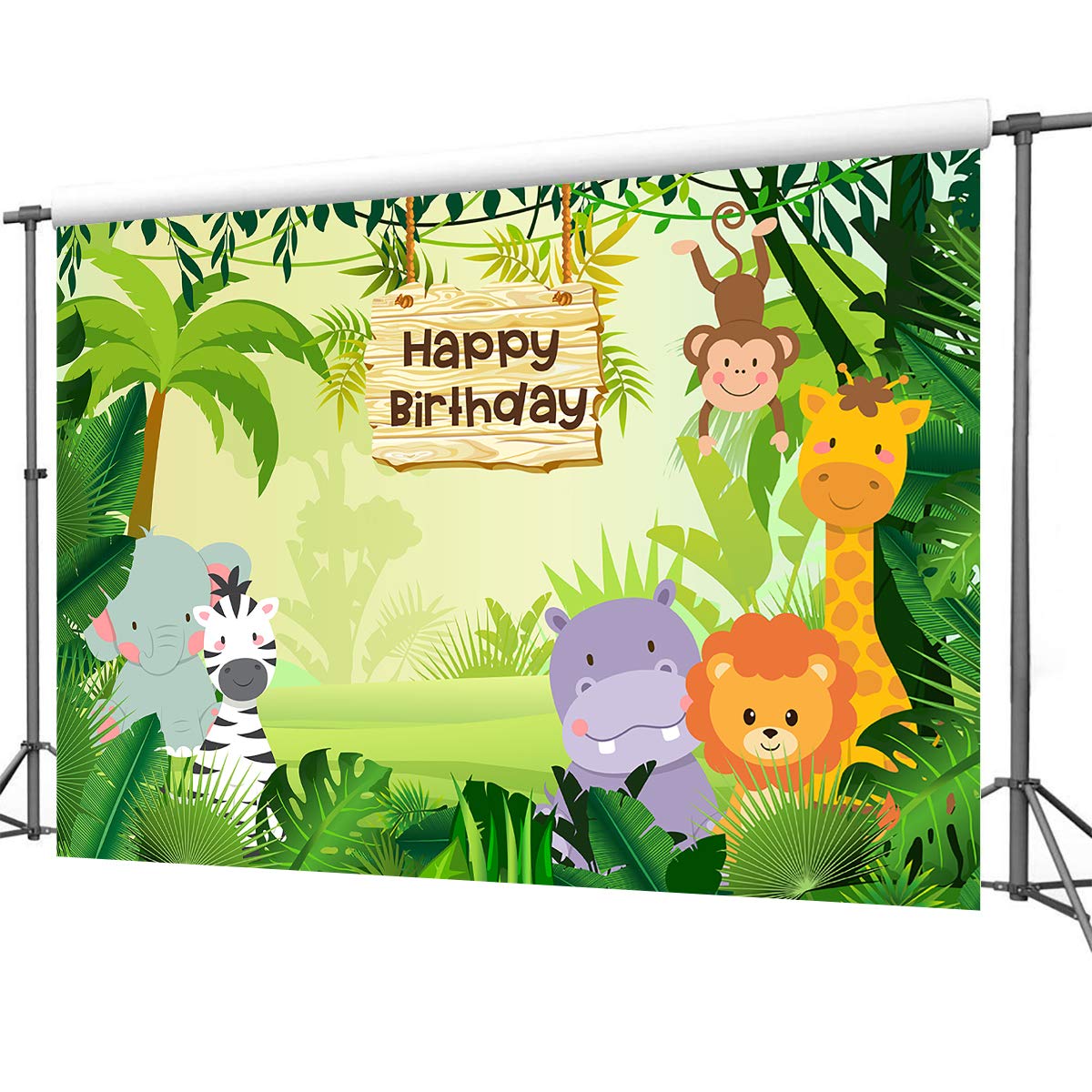 7x5ft Safari Jungle Birthday Backdrop with Wild Animals - Elephant & Monkey Forest Theme Photography Background for Boys' Birthday Parties, Baby Showers & Jungle-Themed Events