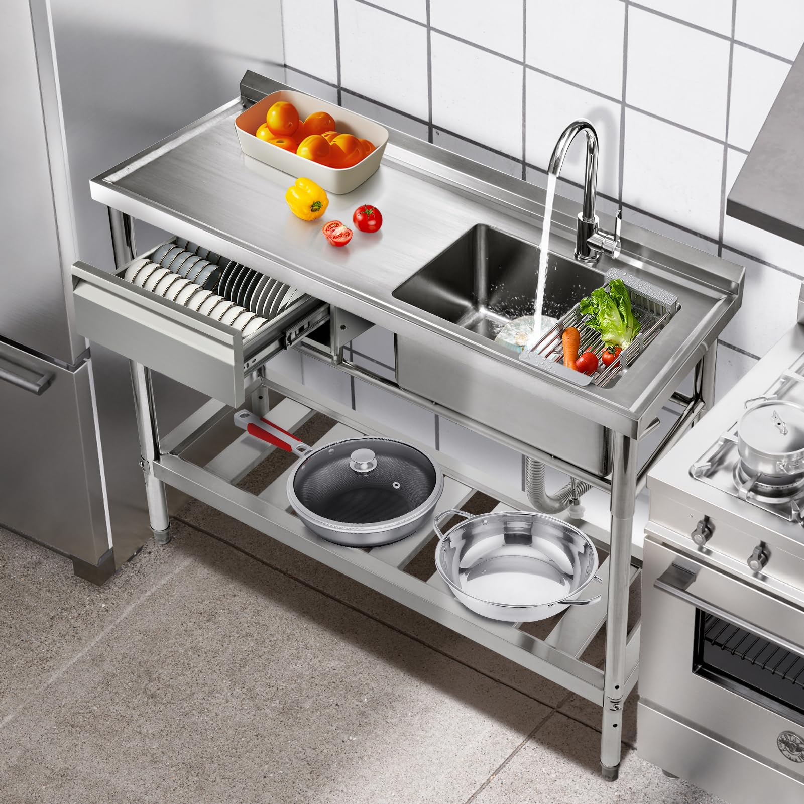 YORKING 47-inch Stainless Steel Utility Sink - Commercial Grade Single Bowl Kitchen Sink with Storage Drawer | Hot & Cold Water Pipes | Indoor & Outdoor Use for Restaurants, Food Trucks, Garages & Home Kitchens