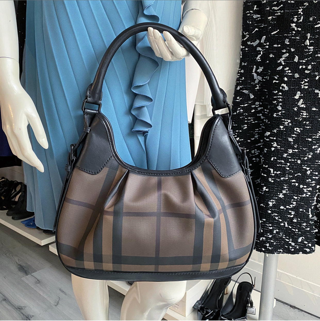 Burberry Shadow Check Coated Canvas and Leather Hobo Bag for Women | Luxury Designer Shoulder Bag | Perfect for Work, Travel & Everyday Use