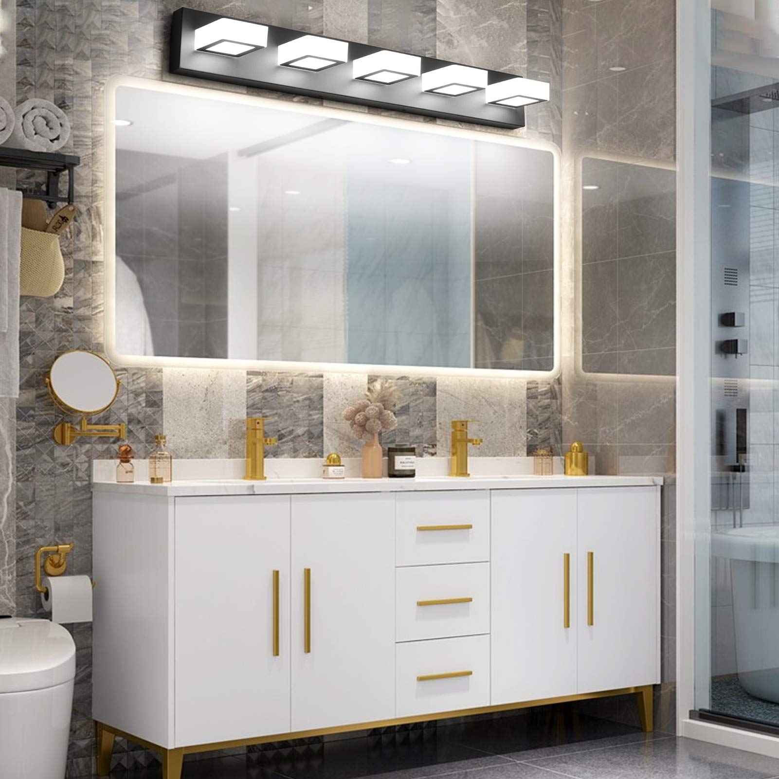 Ralbay Modern Black Bathroom Vanity Light Fixture - 5-Light Adjustable LED Bathroom Lighting with Acrylic Shade, Matte Black Finish, Natural White Light - Perfect for Bathroom Mirror Lighting, Vanity Makeup Area, and Modern Home Decor