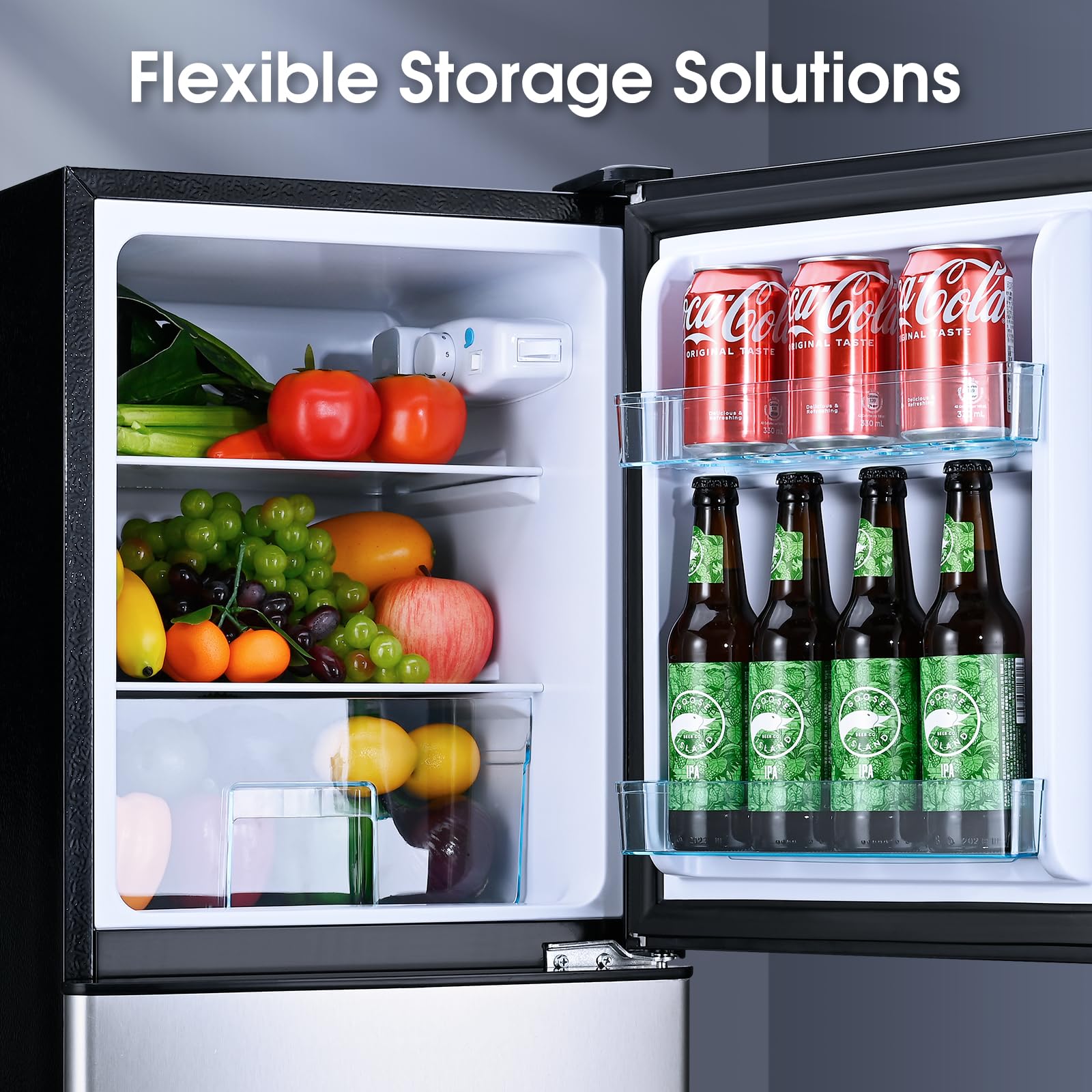4.1 Cu.Ft Compact Refrigerator with Bottom Freezer & Storage Drawer - 2 Door Mini Fridge with 7 Adjustable Temperature Settings, Large Capacity Silver Design - Perfect for Bedroom, Dorm, Office, Apartment, Kitchenette & Small Spaces