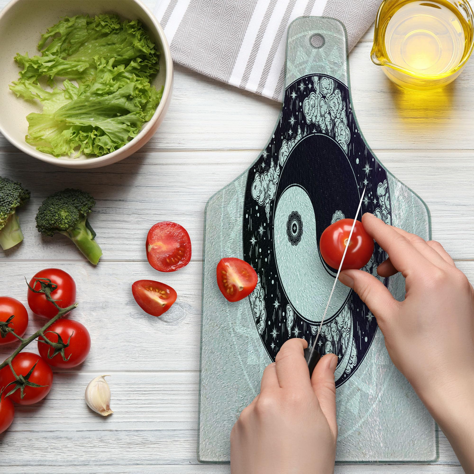 Ambesonne Mystic Tempered Glass Cutting Board - Yin Yang Symbol Round Pattern Ethnic Boho Design - Decorative Serving Board for Kitchen, Cheese, Charcuterie - Wine Bottle Shape in Black White Beige - Perfect for Entertaining, Gifts & Home Decor
