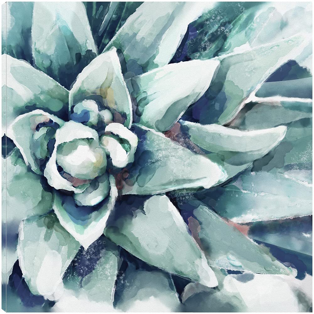 Blue Watercolor Succulent Bloom Square Canvas Wall Art - 37x37 Inch Ready to Hang Painting for Living Room, Bedroom, Office Decor - Handmade Botanical Floral Artwork for Home & Commercial Spaces