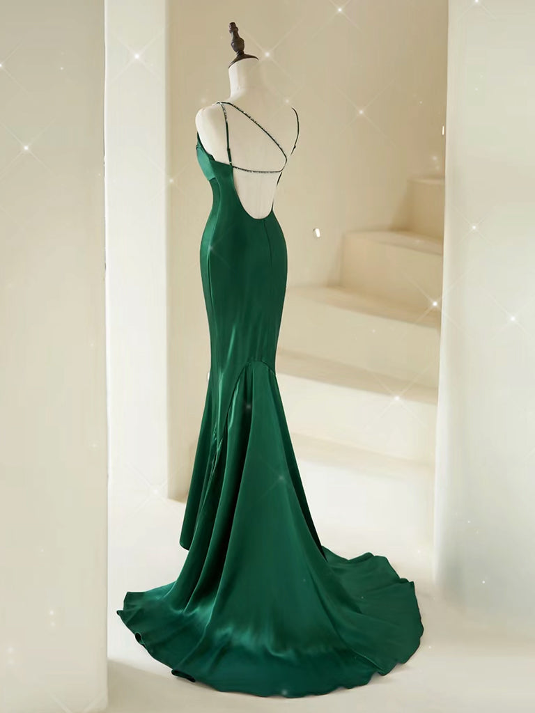 Elegant Mermaid V-Neck Satin Green Long Prom Dress | Formal Evening Gown for Women | Perfect for Homecoming, Ball, Wedding & Special Occasions