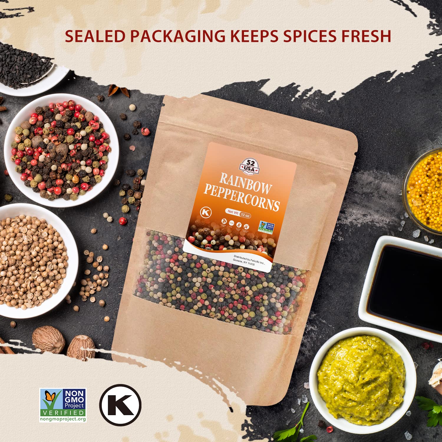 52USA Rainbow Peppercorns Blend - 12oz Whole White, Red & Black Peppercorns for Grinder Refill | Premium Mixed Peppercorn Seasoning for Steak, Salad & Gourmet Cooking
