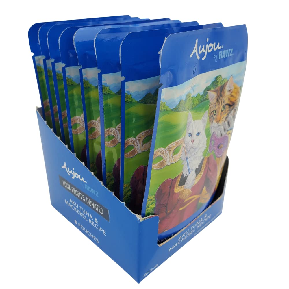 Premium Rawz Aujou Aku Tuna & Mackerel Grain-Free Cat Food - 8 Pack of 2.46 oz Pouches - High Protein Wet Cat Food for Adult & Senior Cats - Perfect for Picky Eaters & Sensitive Stomachs - Ideal for Mealtime, Travel & Treat Rewards