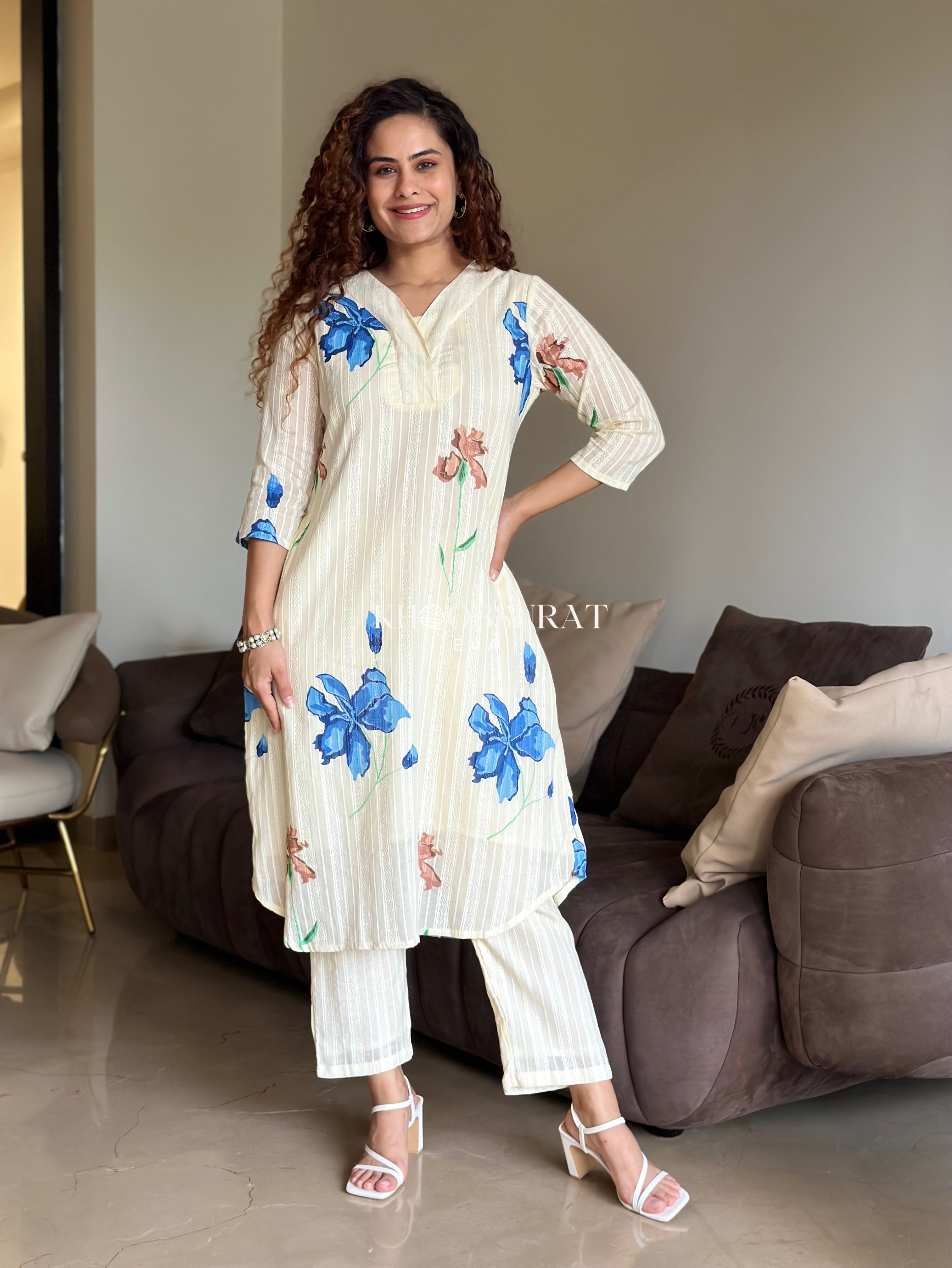 DEVI WHITE BLOOMING FLORAL KURTA SET - Elegant Indian Ethnic Wear for Women | Perfect for Festivals, Weddings & Special Occasions