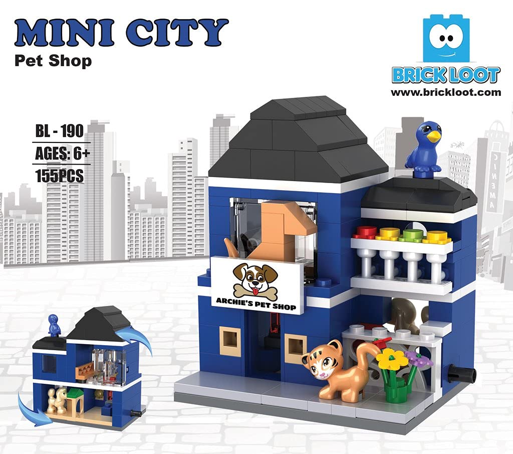 Exclusive Mini City Archie's Pet Shop Building Set - 155 PCS Custom Designed Bricks Compatible with Lego & Major Brands - Includes Dog, Cat, Bird Animal Figures - Perfect for Kids' Creative Play, STEM Learning & Collectors Display