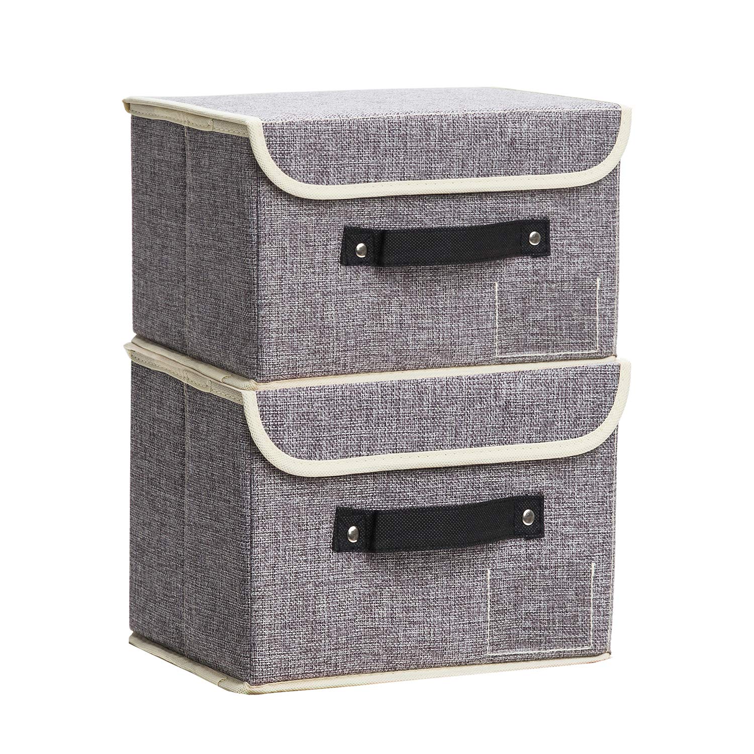 2 Pack Collapsible Fabric Storage Bins with Lids & Handles - Foldable Linen Cube Organizer Baskets for Toys, Clothes, Closet & Home Decor (Grey) | Space-Saving Storage Solution for Bedroom, Nursery & Office Organization