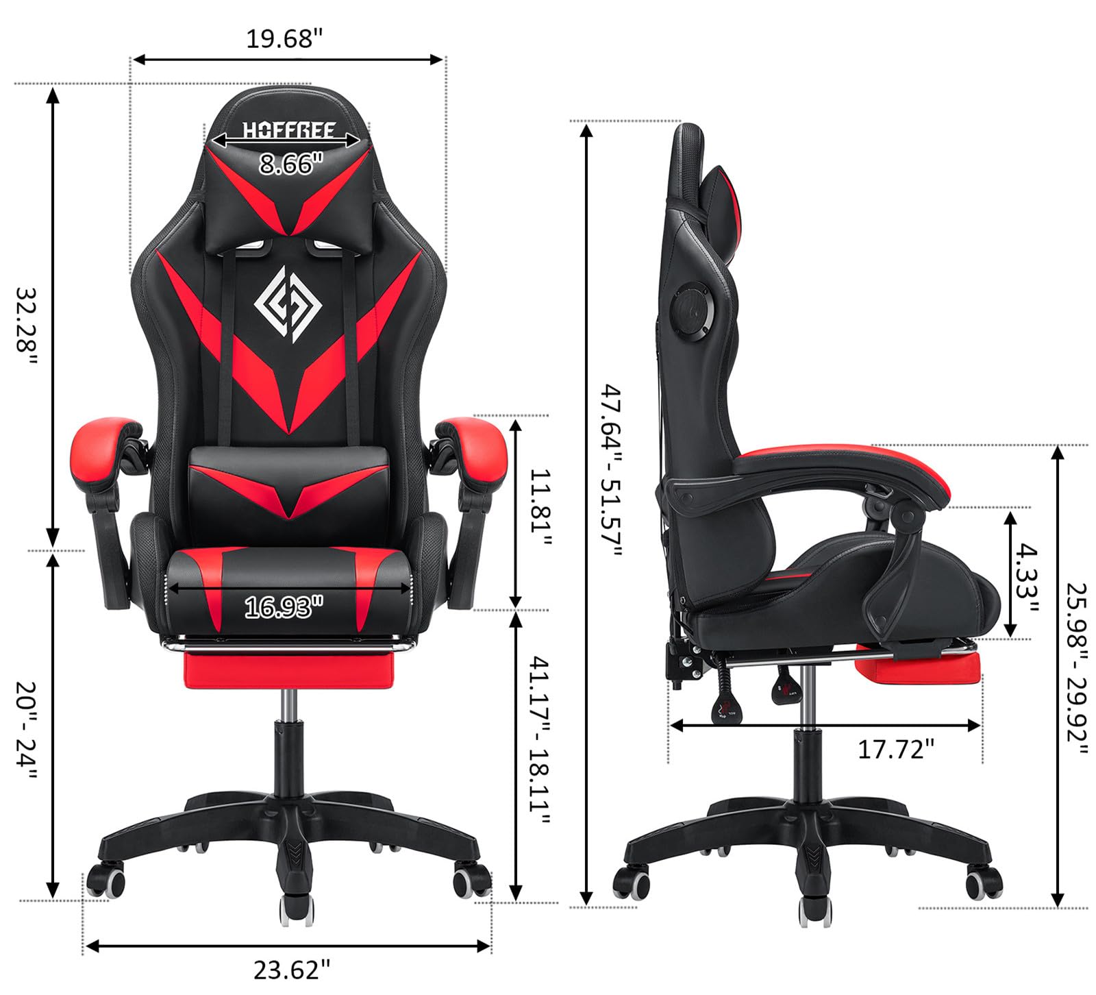 HOFFREE Ergonomic Gaming Chair with Massage, Bluetooth Speakers & LED Lights - High Back Lumbar Support, Adjustable Footrest - RGB Video Game Chair for PC/Console Gaming (Red & Black) - Perfect for Esports, Streaming & Home Office Use