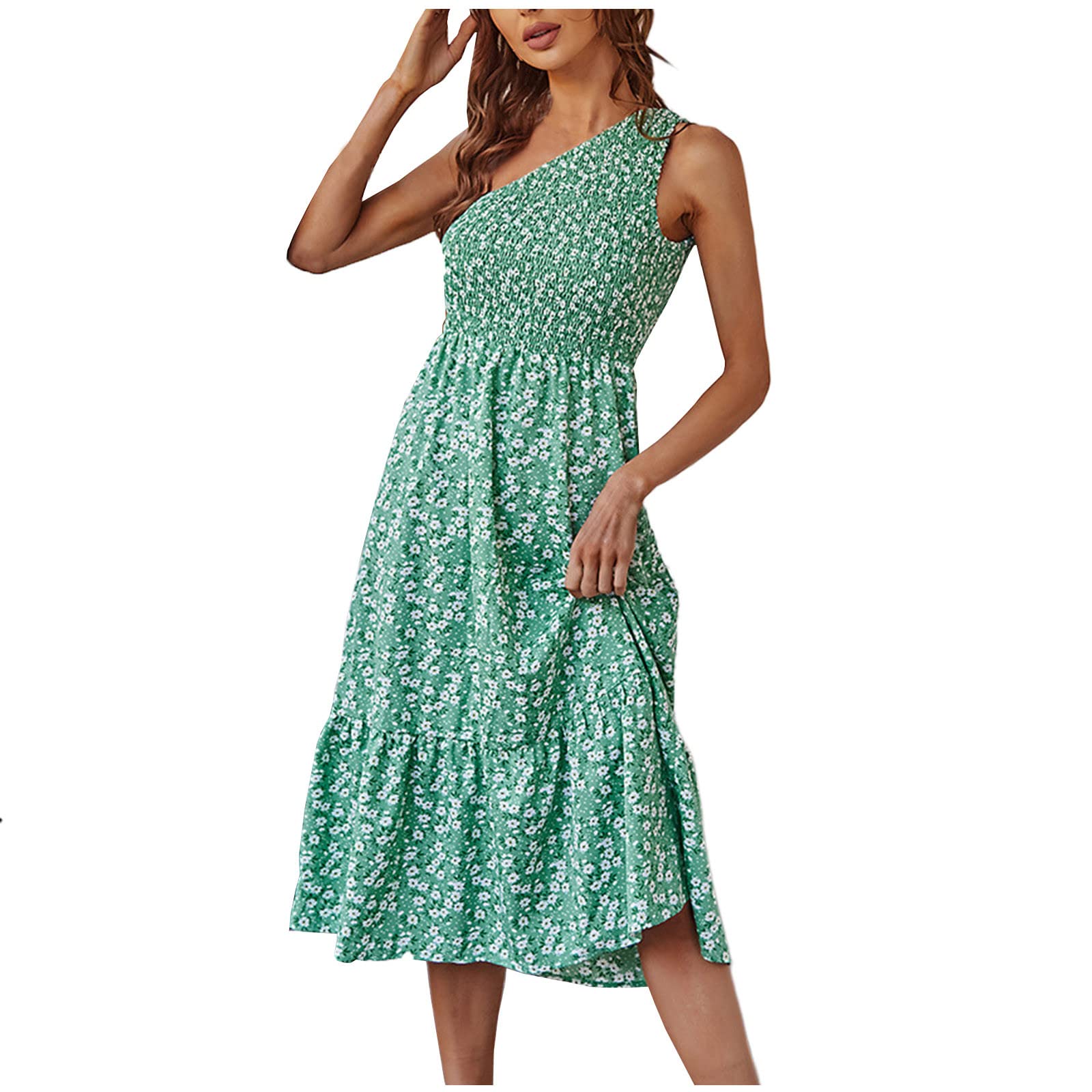 Kitimi 2022 Women's Summer One Shoulder Dress - Solid/Print Sleeveless High Waist Flowy Midi Dress with Ruffle Detail | Beach Cover Up, Party Wear, Date Night Outfit | Sexy Black Dress for Women
