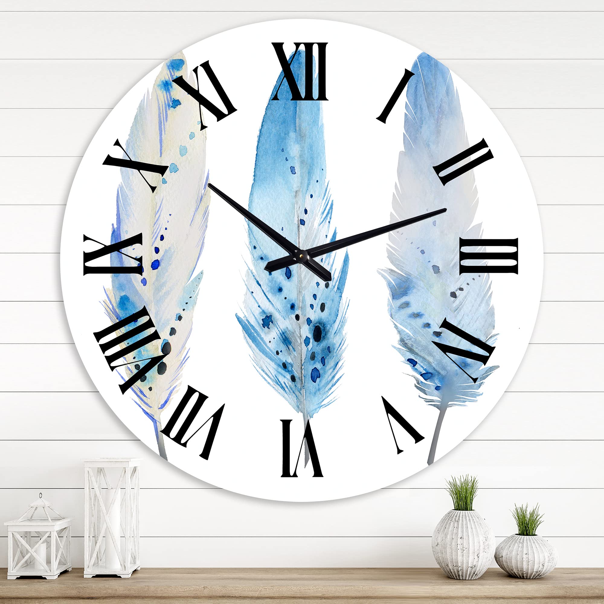 Blue Boho Feathers II Lake House Wall Clock - Large Decorative Wall Clock for Living Room, Bedroom, Office | Perfect for Home Décor, Boho Style Interiors & Gift Giving
