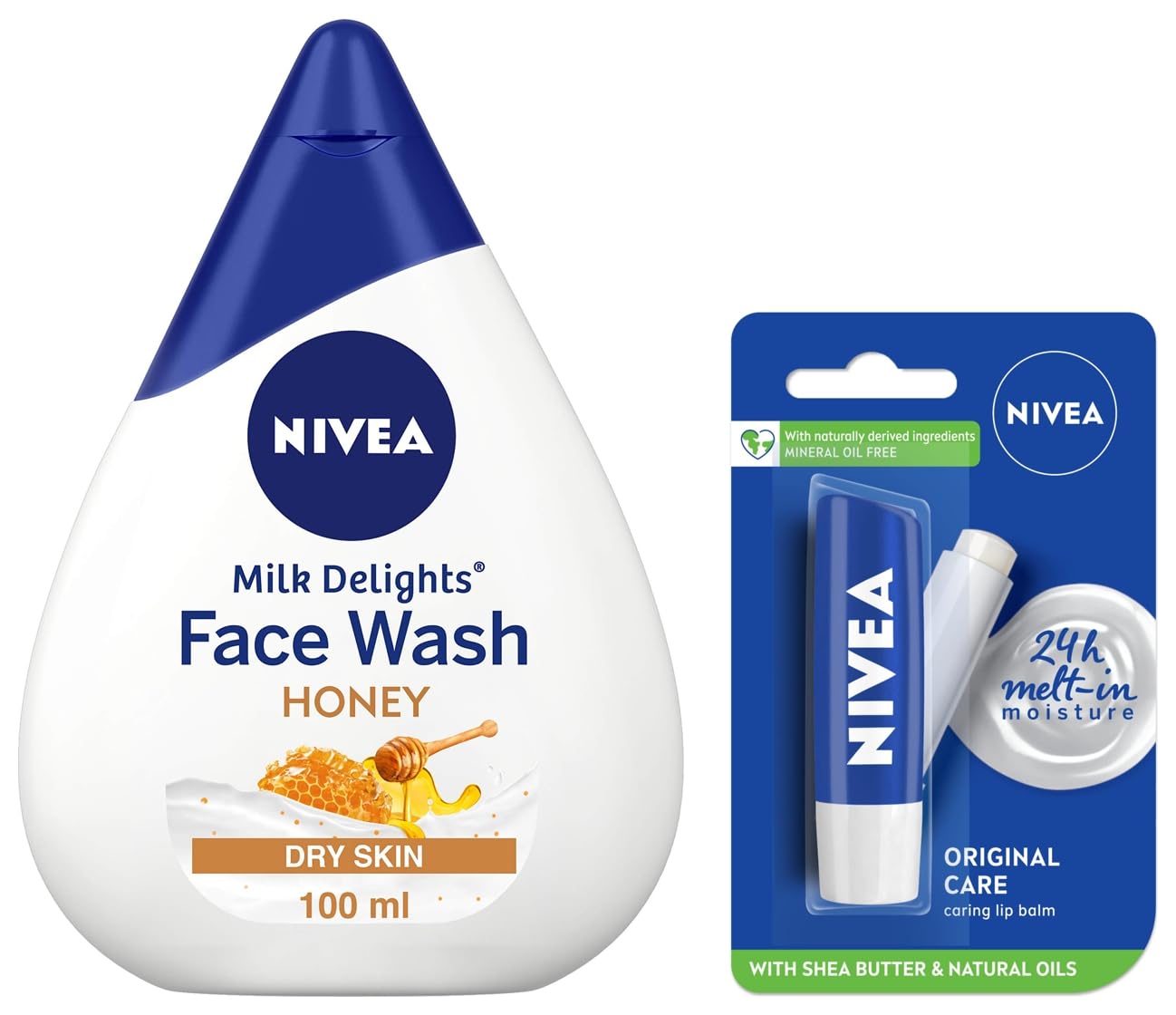 Nivea Women's Face Wash for Dry Skin with Honey & Milk - 100ml + Original Care Lip Balm 4.8g - Hydrating Skincare Set for Daily Cleansing & Lip Protection