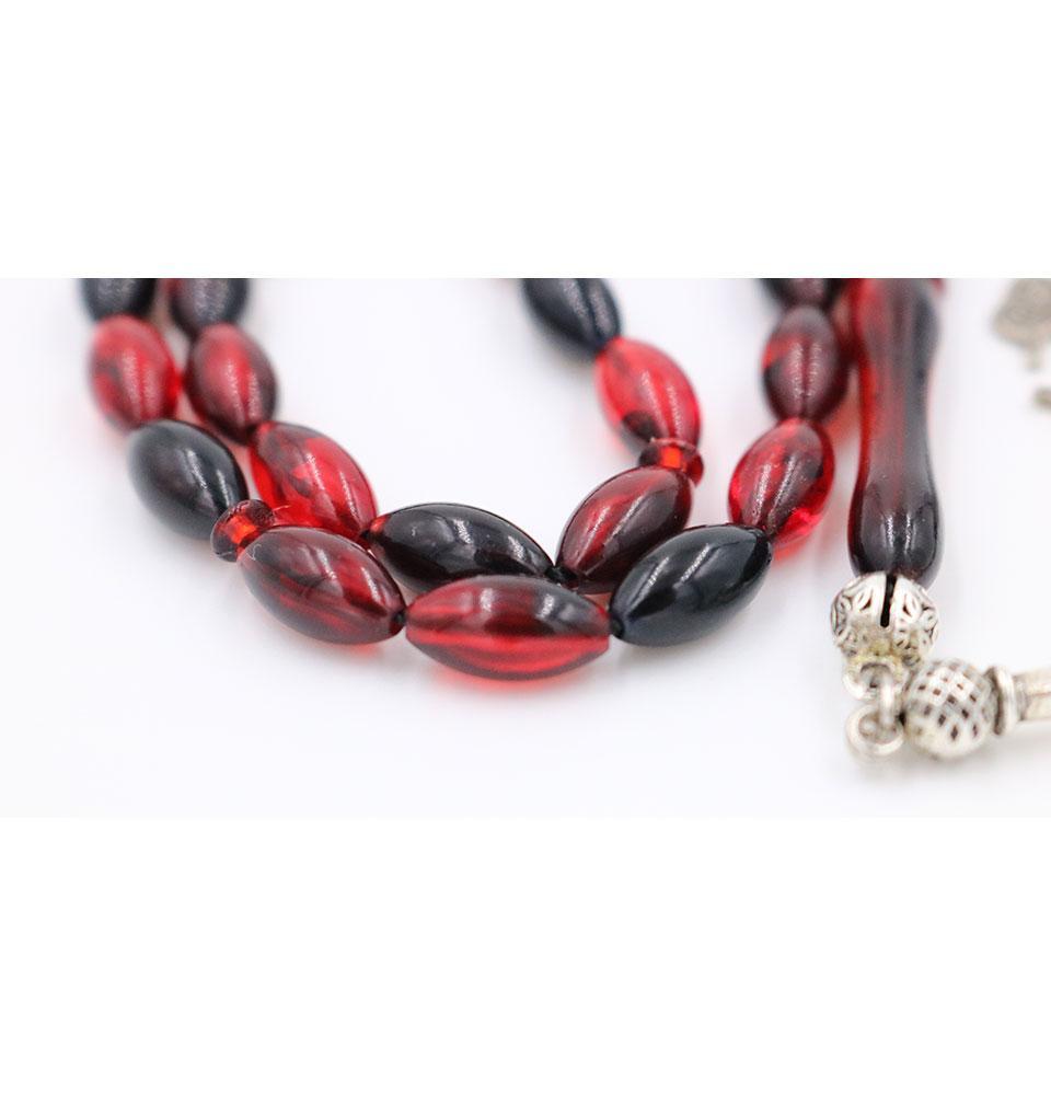 Islamic Tesbih Prayer Beads - 33 Count Red & Black Lab Amber Alpaca Metal Oval Beads for Muslim Prayer, Meditation & Stress Relief