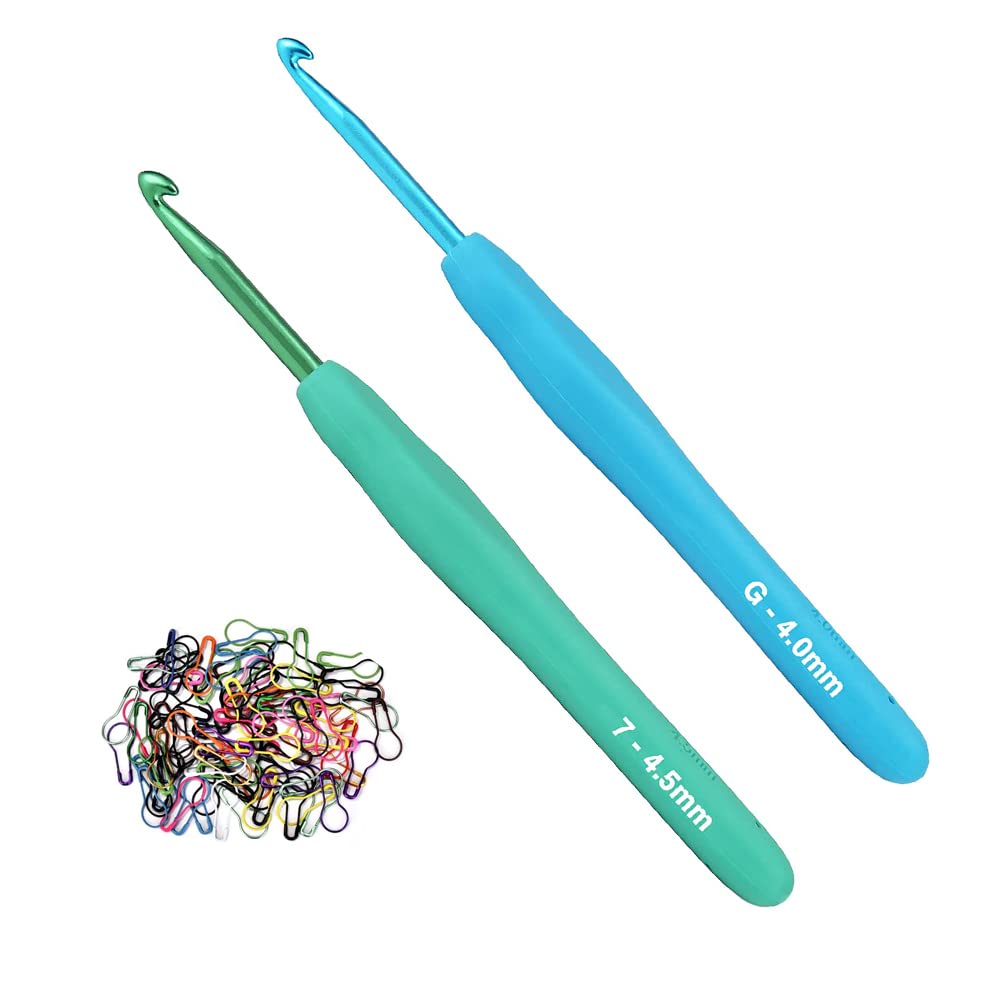 4mm & 4.5mm Aluminum Crochet Hooks Set - 2 Pack Ergonomic Soft Grip Rubber Handle Needles for Knitting & Crocheting | Perfect for Beginners & Experts | Ideal for Yarn Crafts, Amigurumi, Blankets & DIY Projects