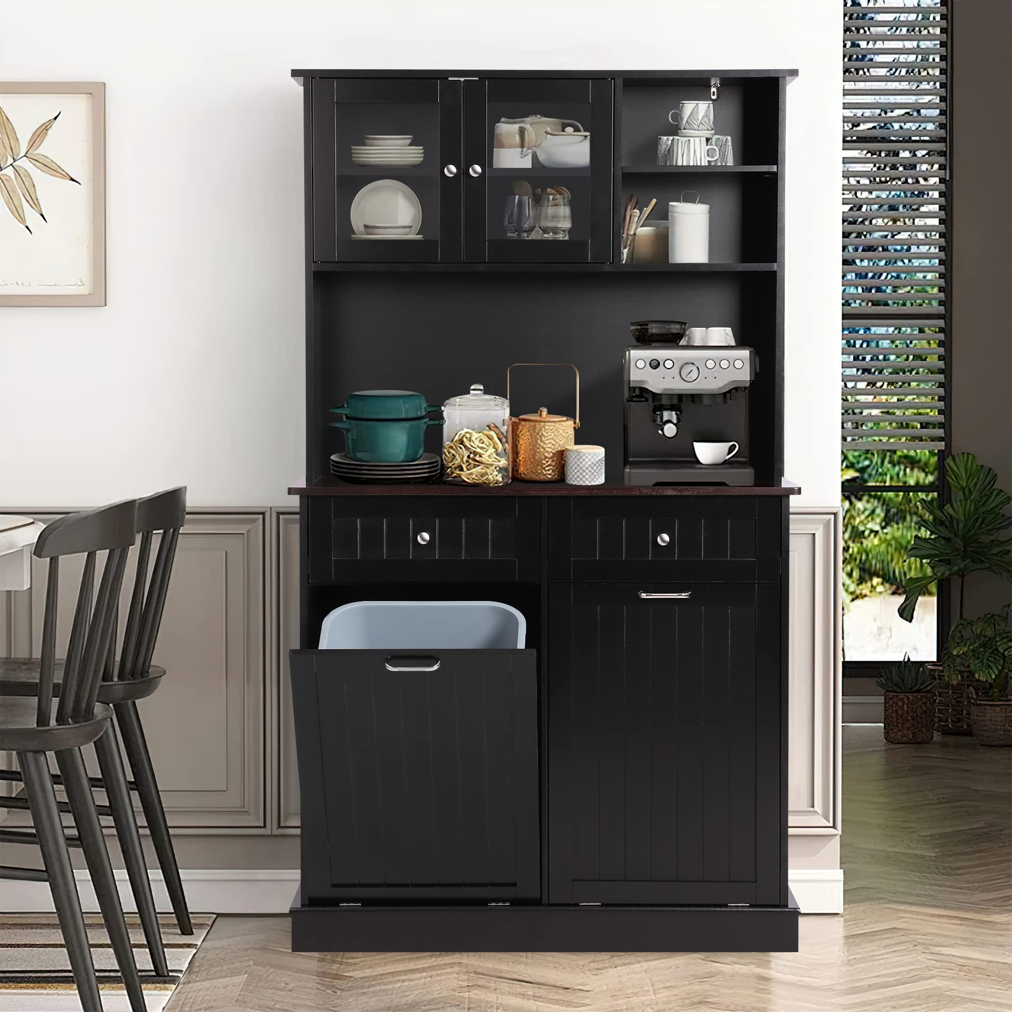 Freestanding Kitchen Pantry Storage Cabinet with Microwave Shelf & Tilt-Out Trash Bin - Tall Cupboard Organizer for Small Spaces (Black) | Perfect for Apartment Kitchen, Dining Room & Pantry Organization