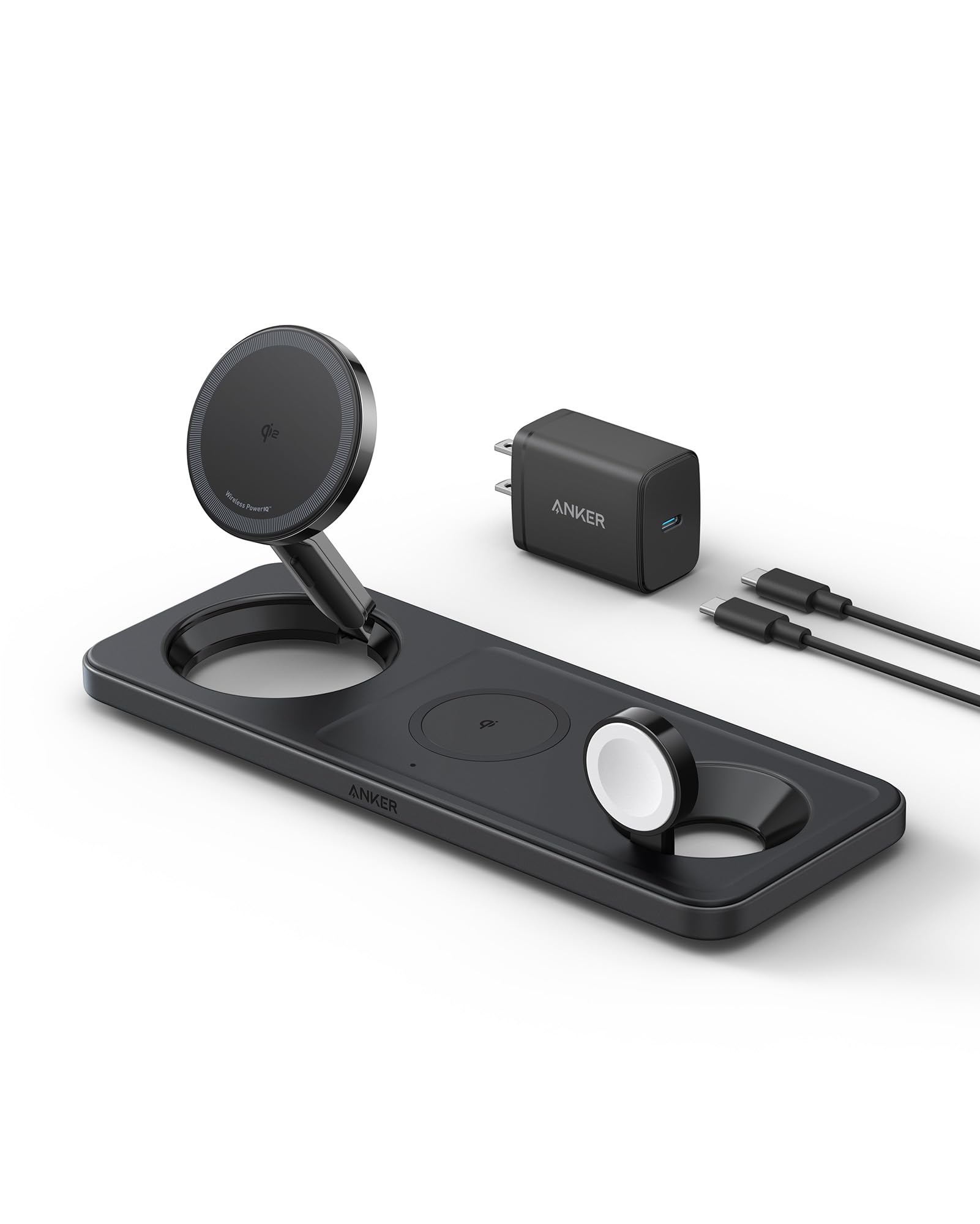Anker 3-in-1 Foldable Wireless Charging Station | Qi2 Certified 15W Fast Charger for iPhone 15/14/13/12 Series, AirPods Pro & Apple Watch Ultra | Includes USB-C Cable | Perfect for Home, Office & Travel Charging