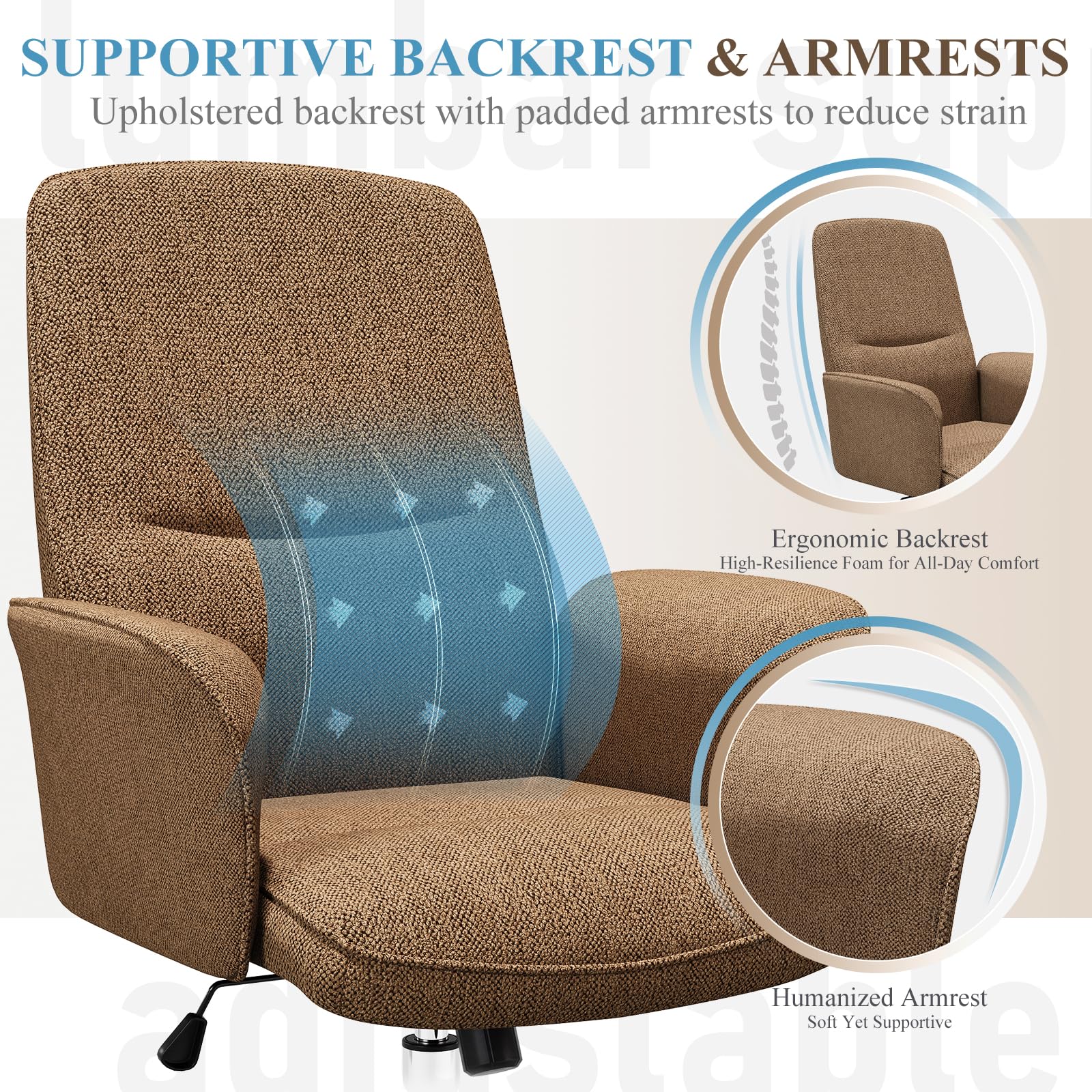 COLAMY Ergonomic Fabric Office Chair with Wheels & Armrests - Adjustable Swivel Computer Desk Chair for Home Office, Gaming, Makeup Vanity & Bedroom - Camel Upholstered Comfortable Task Chair