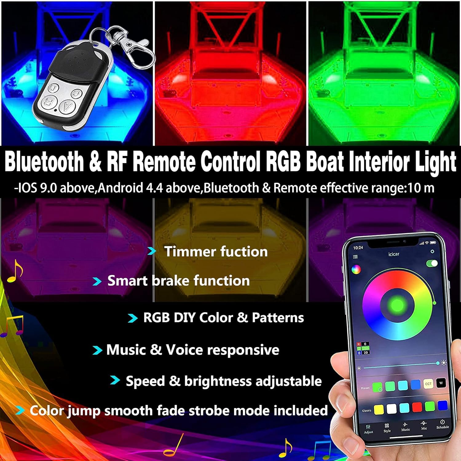 6pcs Waterproof RGB LED Strip Lights for Boats - 216 LEDs, 12V DC, APP & 4-Key RF Remote Control | Marine Lighting for Sailboats, Kayaks, Deck & Interior | Perfect for Night Cruising & Party Atmosphere