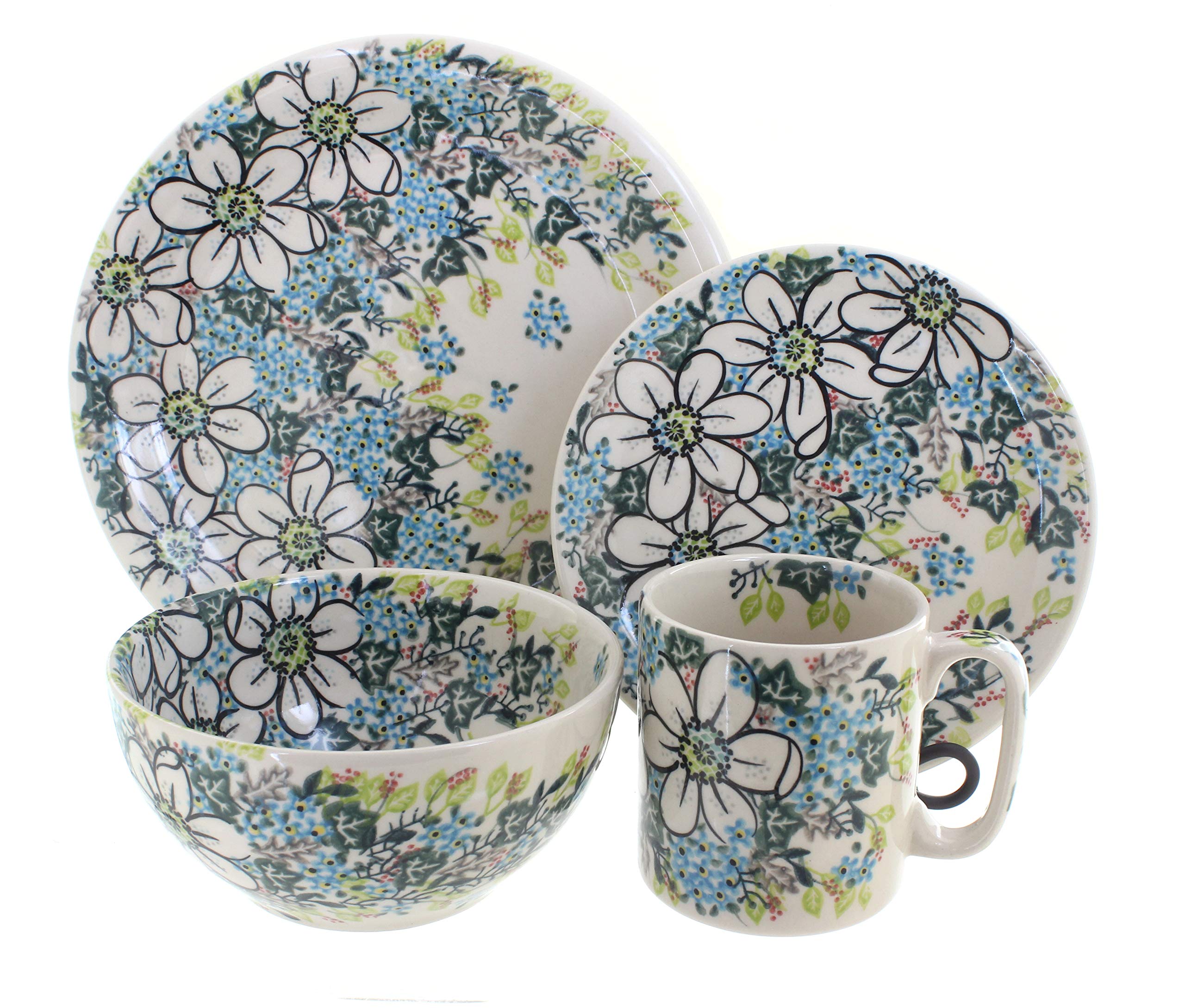 Blue Rose Polish Pottery Ariel 16-Piece Dinnerware Set - Elegant Floral Porcelain Plates, Bowls & Mugs - Perfect for Family Dinners, Special Occasions & Home Decor