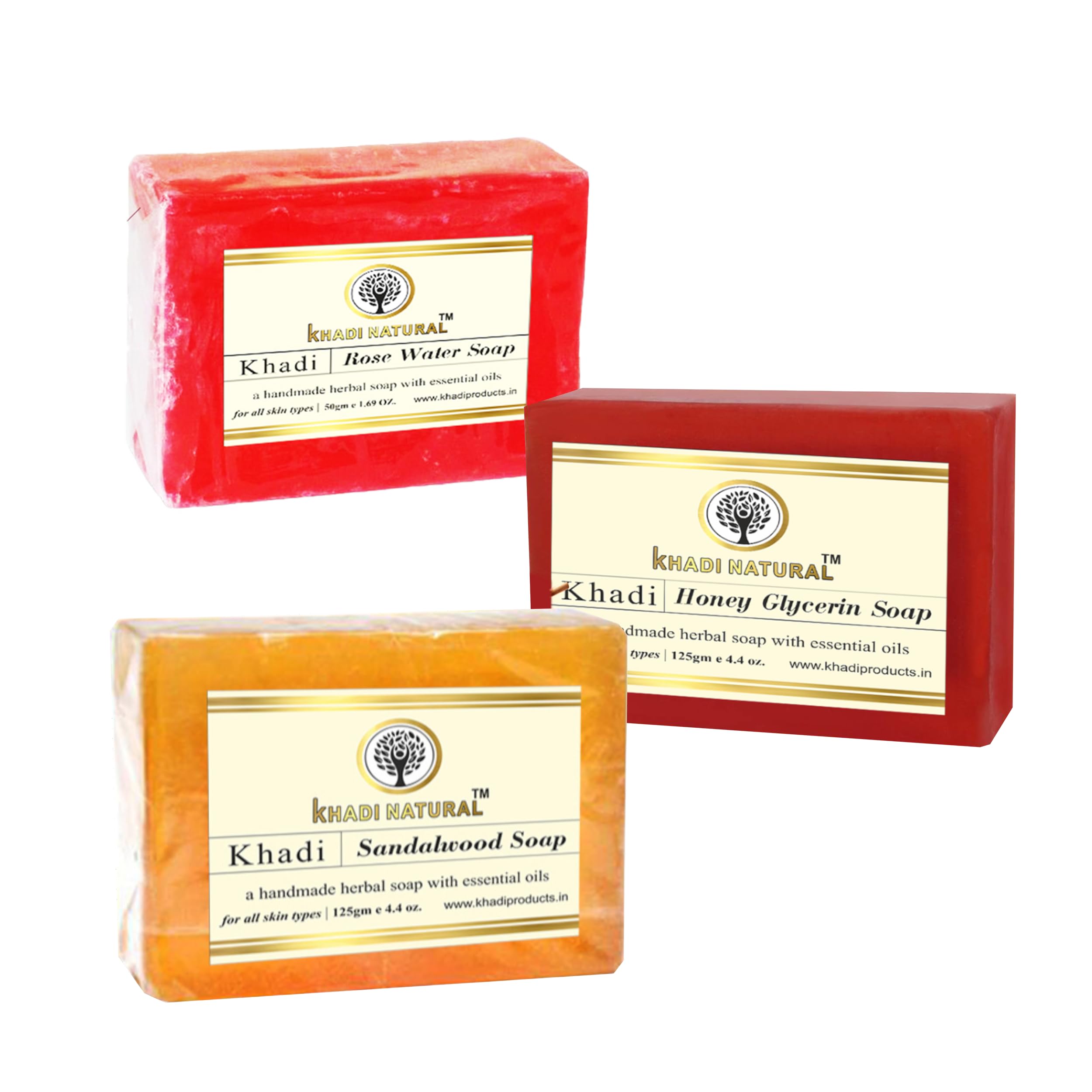 Khadi Natural Handmade Herbal Soap Bar Pack of 3 (125g Each) - Rose Water Honey Sandalwood Essential Oil Soap for Soft & Healthy Skin - Vegan, Cruelty-Free Bath Soap for Daily Cleansing & Aromatherapy