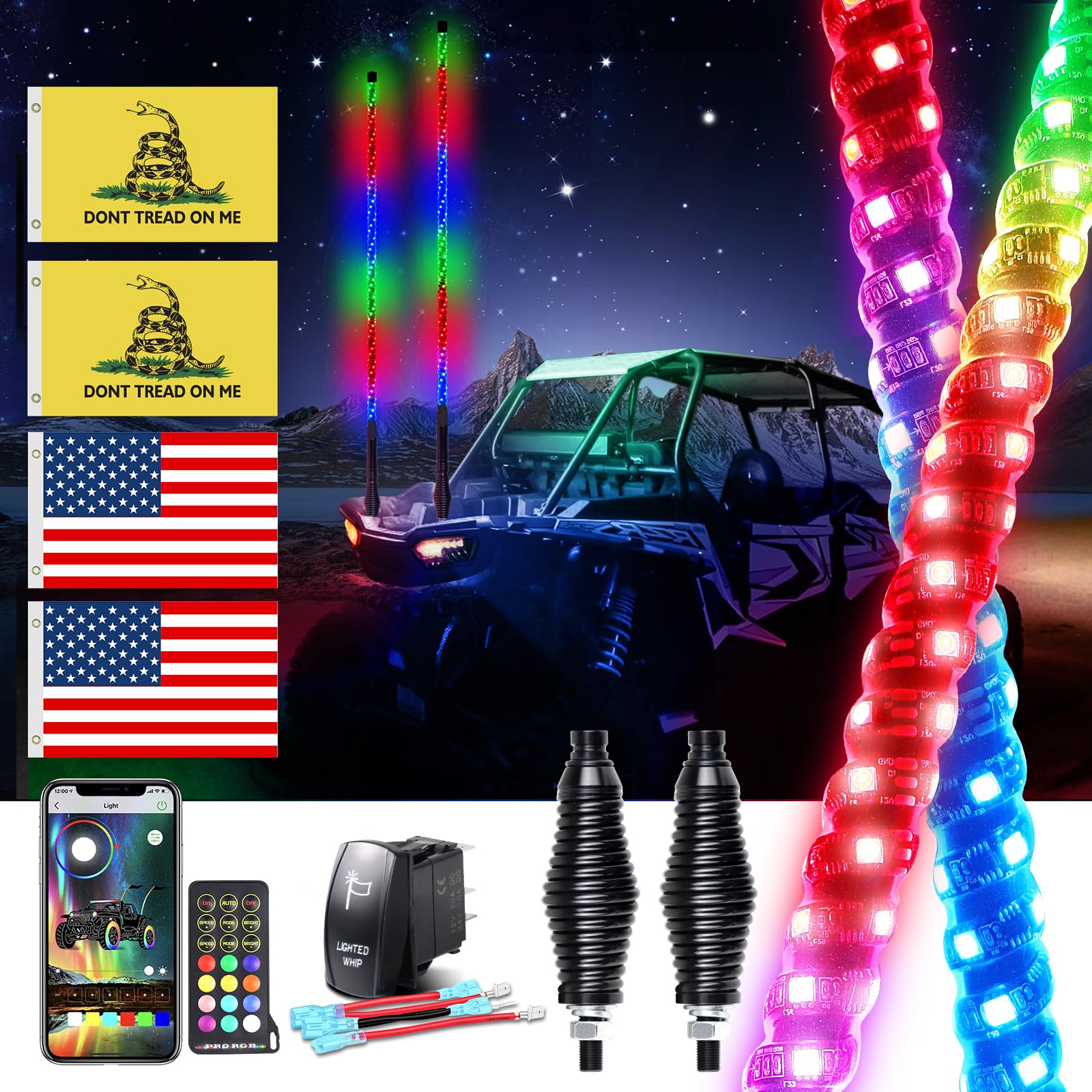 2PCS 5FT LED Whip Lights with Chasing Colors & App Control - UTV ATV Off-Road Accessories with Spring Base, Remote & Rocker Switch - Perfect for Can-Am, Polaris RZR, Dune Buggies - Ideal for Night Rides, Off-Road Adventures & Desert Racing
