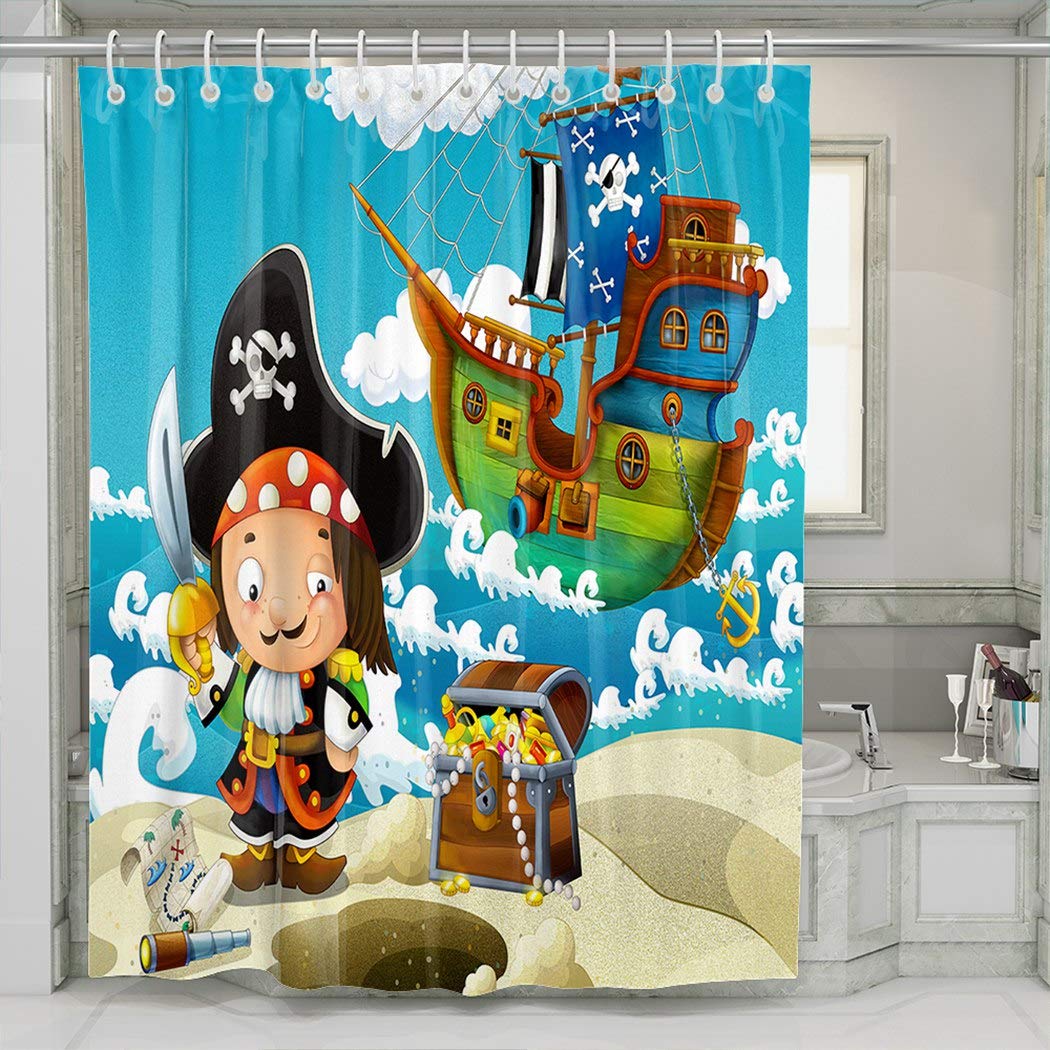KELEMO Cartoon Pirate Ship Shower Curtain - 60x72 Inches Waterproof Bathroom Decor with Treasure Hunting Theme for Kids & Adults - Perfect for Nautical Themed Bathrooms, Beach Houses & Pirate Party Decorations
