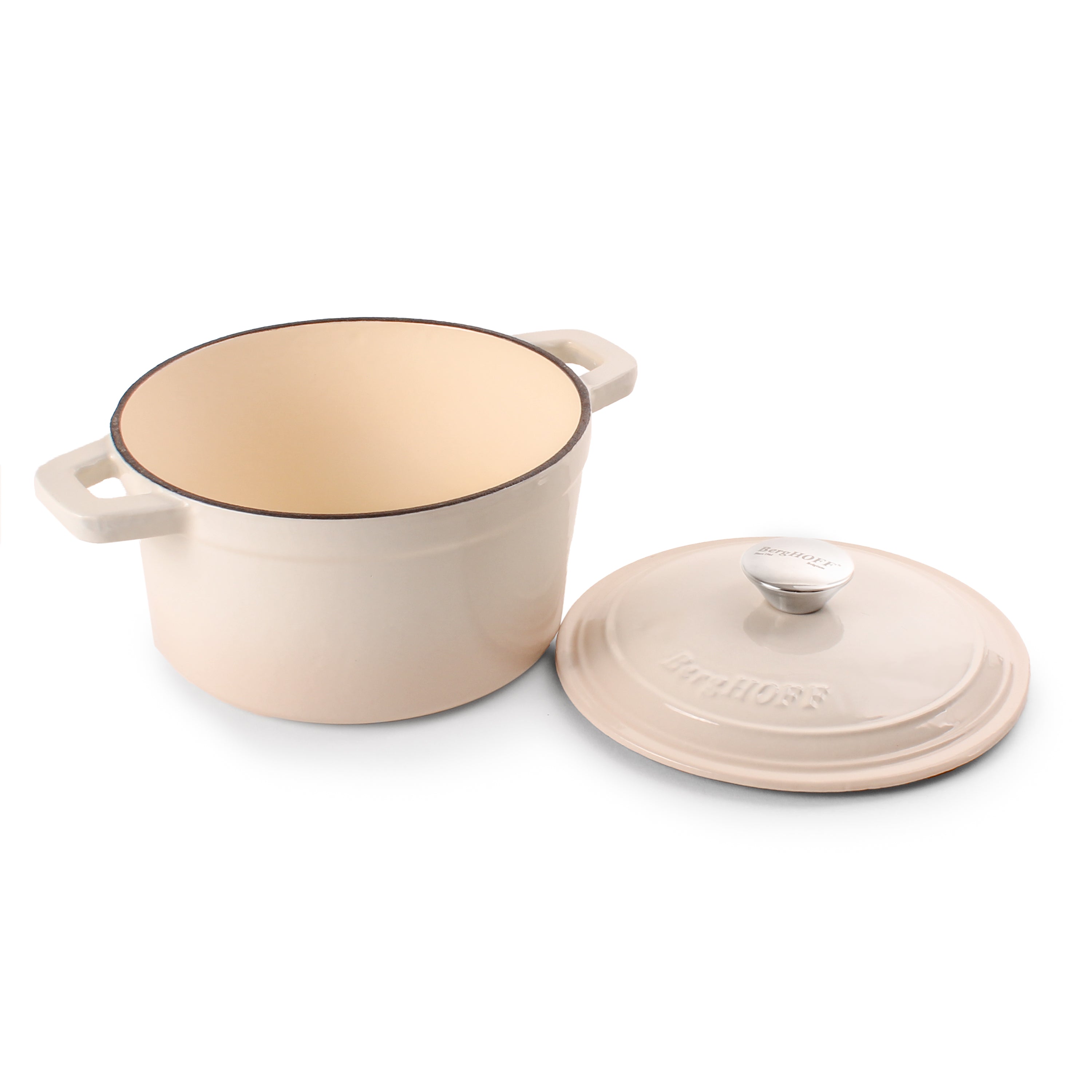 BergHOFF Neo Cast Iron 3-Quart Round Dutch Oven with Lid - Meringue White | Heavy Duty Enameled Cookware for Baking, Braising & Slow Cooking | Perfect for Soups, Stews & Casseroles