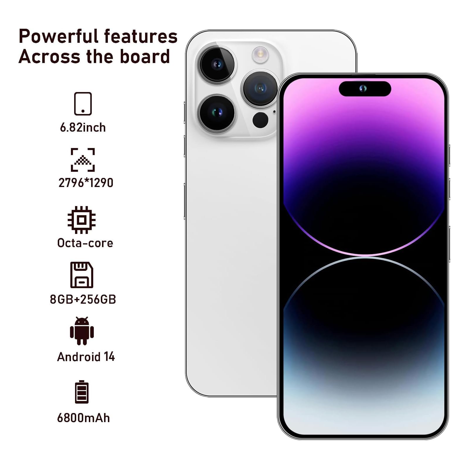 A14 Pro Max Unlocked Smartphone 8GB RAM 256GB ROM, Android 14.0, 6800mAh Battery, 6.82
