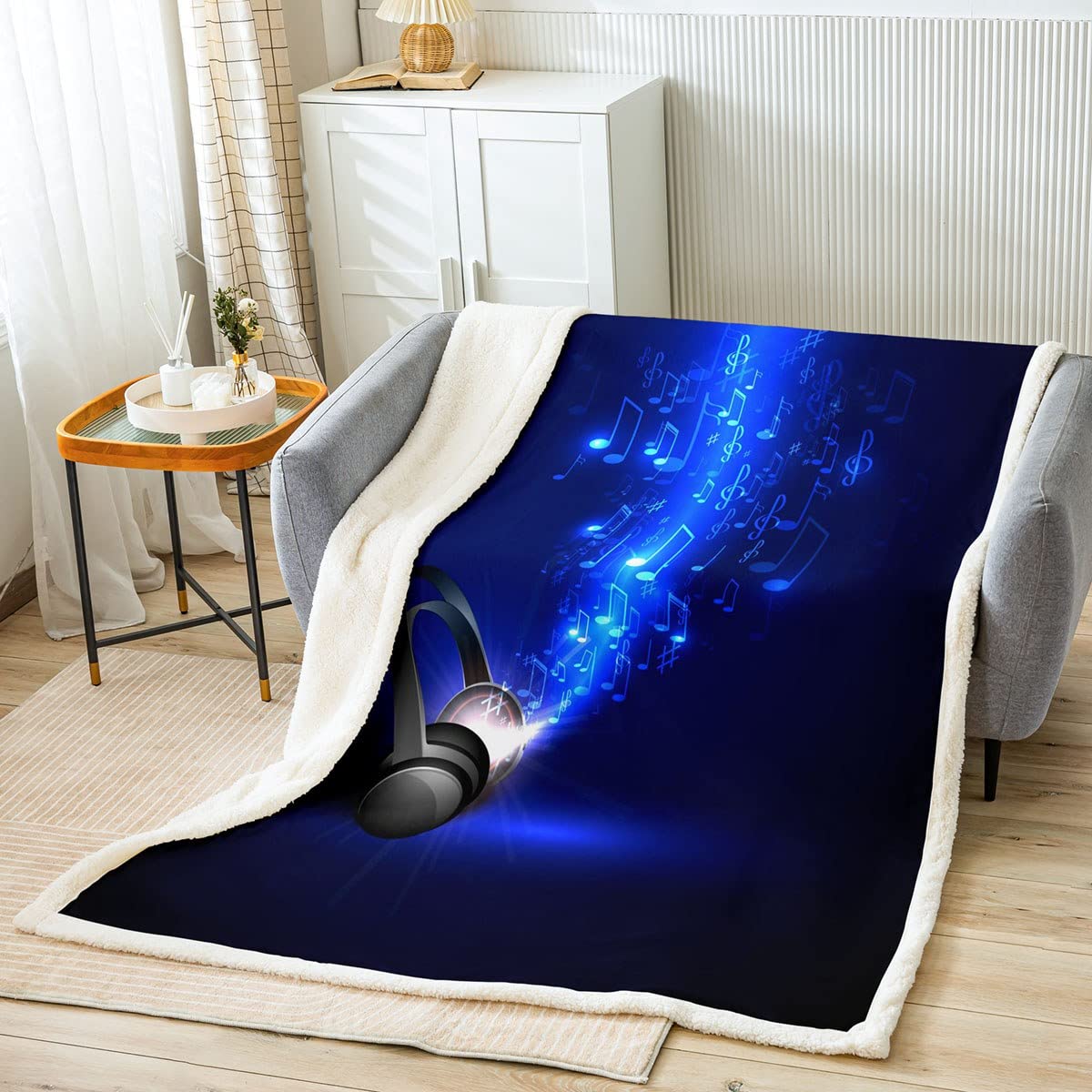 Sherpa Fleece Throw Blanket with Music Headphone Design - Soft Musical Note Pattern Blanket for Kids, Boys, Girls & Teens - Queen Size 90x90 Inches - Dark Blue & Black - Perfect for Sofa, Bed, Couch & Music Lovers' Gift