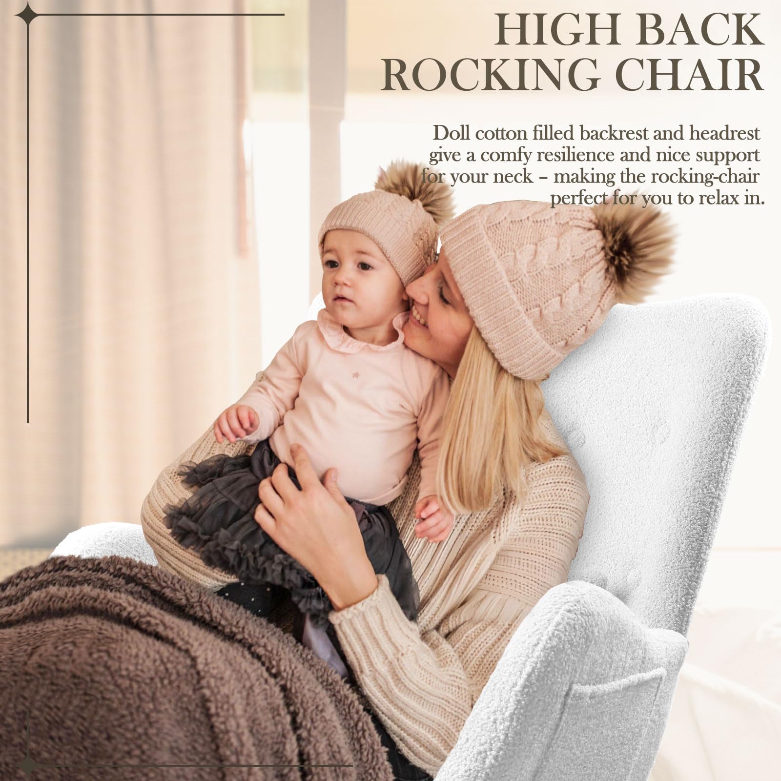 Waleaf Teddy Upholstered Rocking Chair - High Backrest Nursery Glider with Padded Seat, Comfortable Nursing Chair for Bedroom, Living Room & Nursery (Ivory) | Perfect for Breastfeeding, Reading Nook & Relaxation