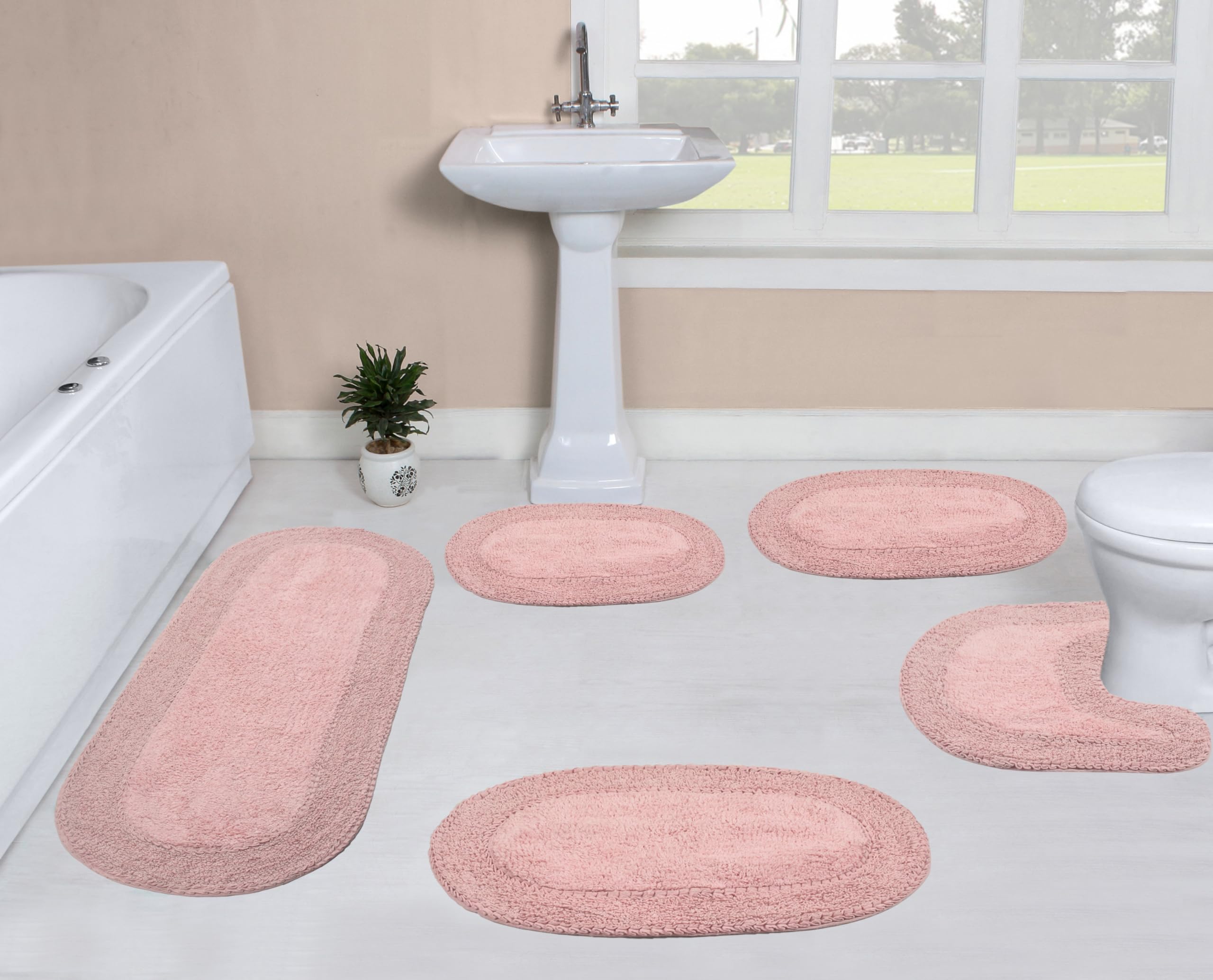 Home Weavers Double Ruffle Collection 100% Cotton Bathroom Rugs Set - Ultra Soft, Absorbent & Washable Non-Slip Bath Mat, Kitchen Floor Mat (5-Piece Set, Pink) for Bathroom Safety, Spa-Like Comfort & Stylish Home Decor