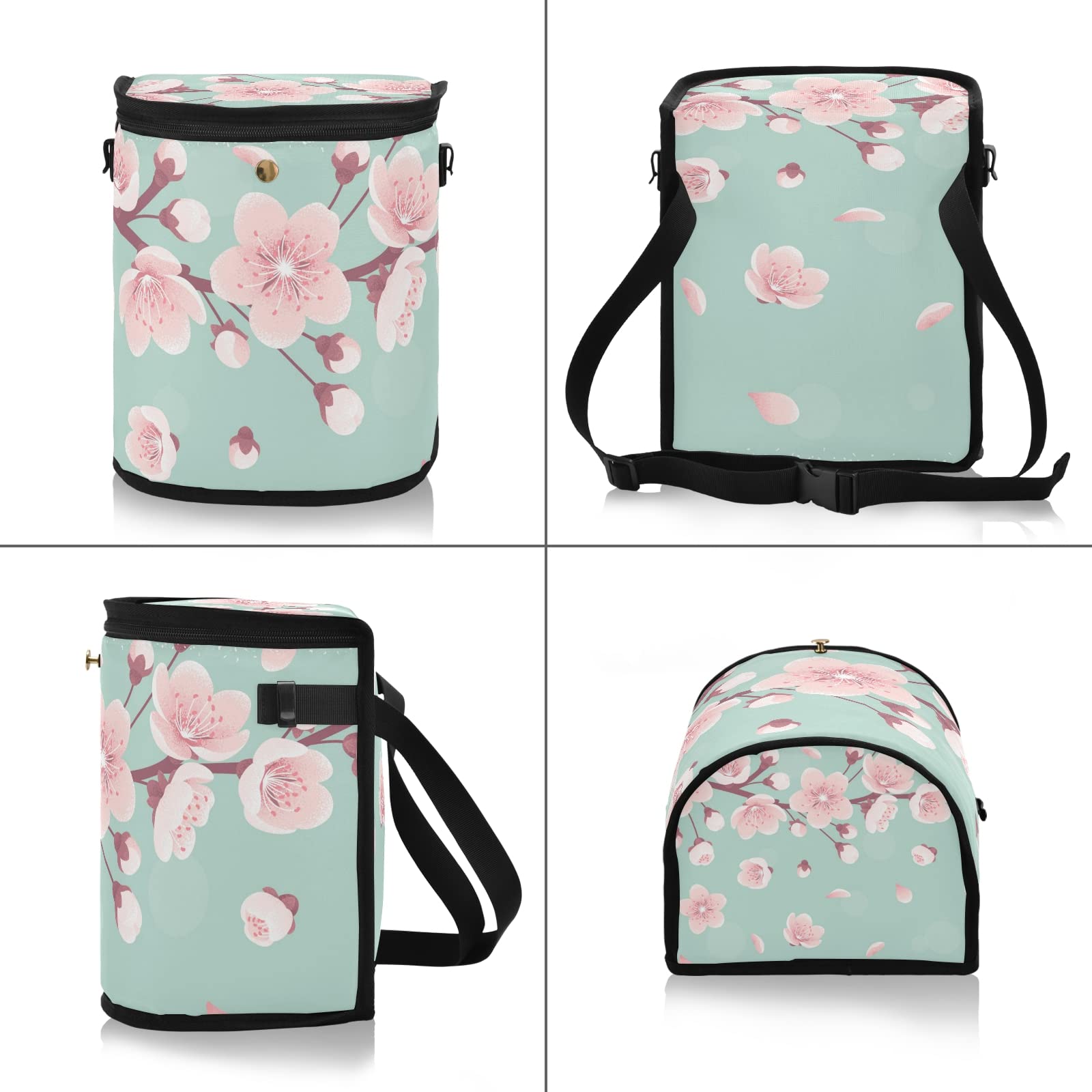 Pink Cherry Blossom Car Trash Can - Leak Proof Hanging Garbage Bin with Lid, Waterproof Storage Bag for Truck & Minivan | Spring Floral Design with Falling Petals on Turquoise Background | Perfect for Road Trips, Commuting & Keeping Your Vehicle Clean