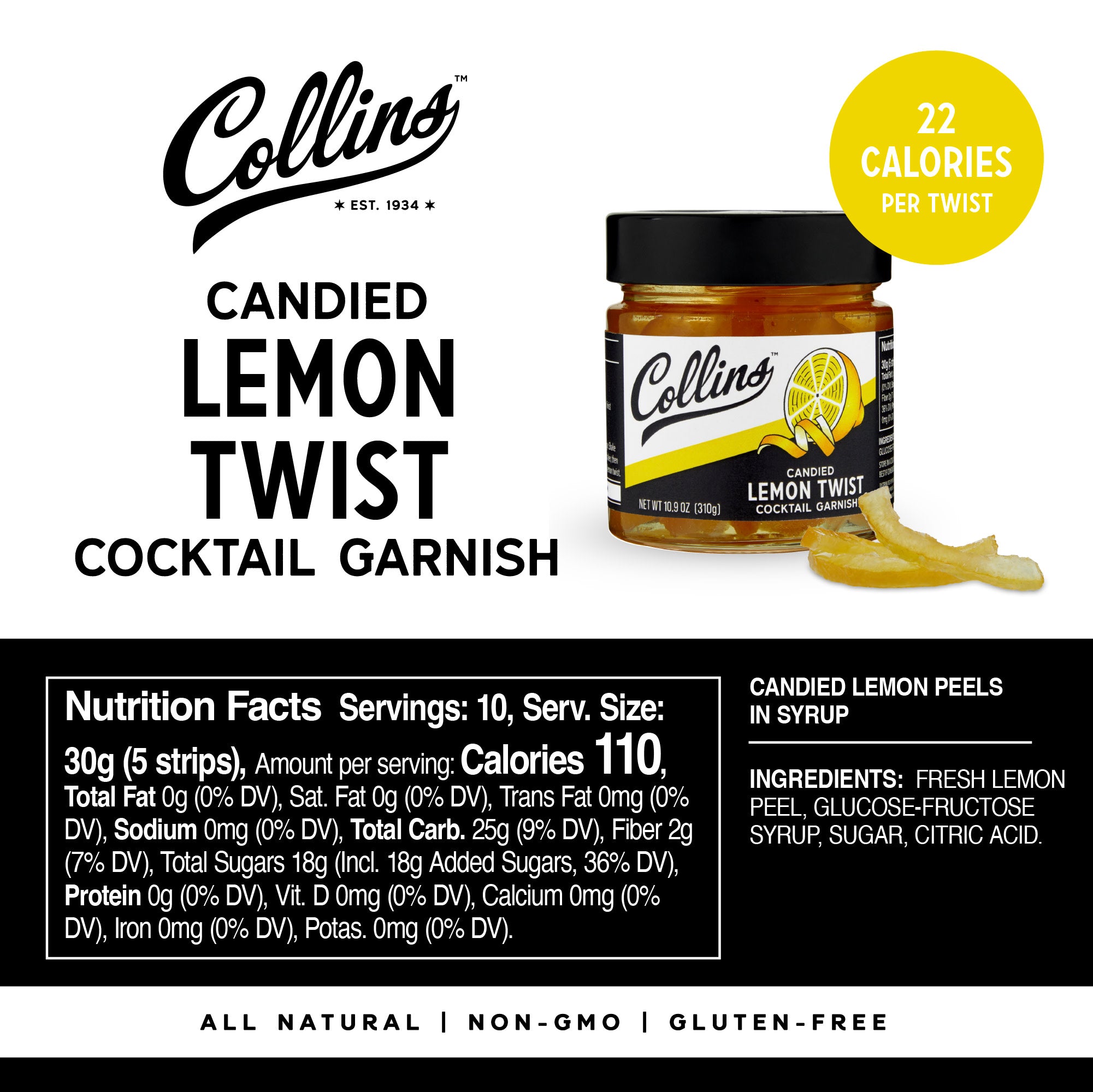 Candied Lemon Twist in Syrup - 10.9 oz Jar | Sweet & Tangy Lemon Peel for Baking, Cocktails & Desserts | Perfect for Cakes, Drinks & Gift Baskets