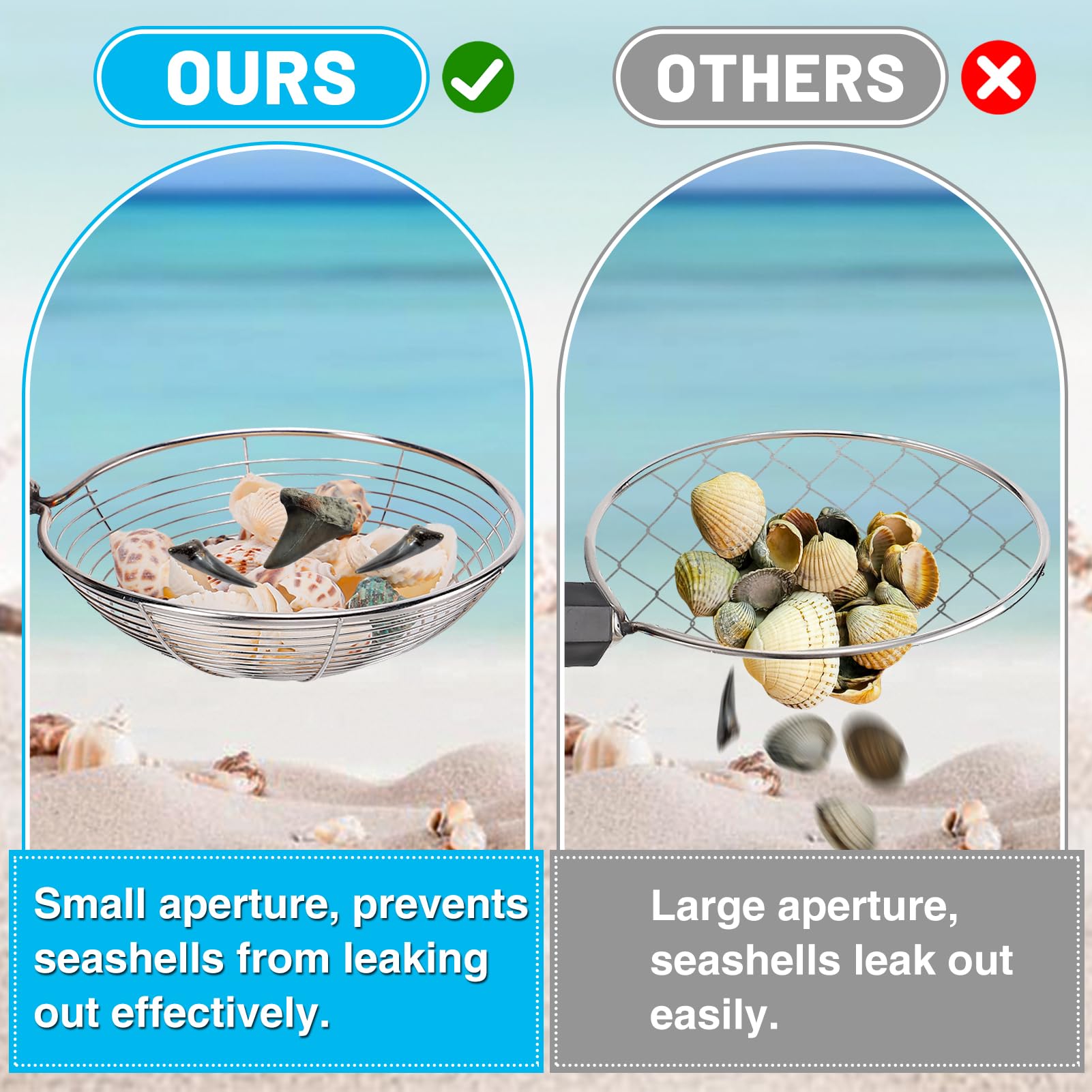 2 Pack Shark Tooth Sifter with Seashell Bags - Adjustable 21.8in to 34in Sand Sifter & Beach Shovel - Fun Beach Sand Toys for Kids & Adults - Perfect for Shell Hunting, Beachcombing & Outdoor Adventures