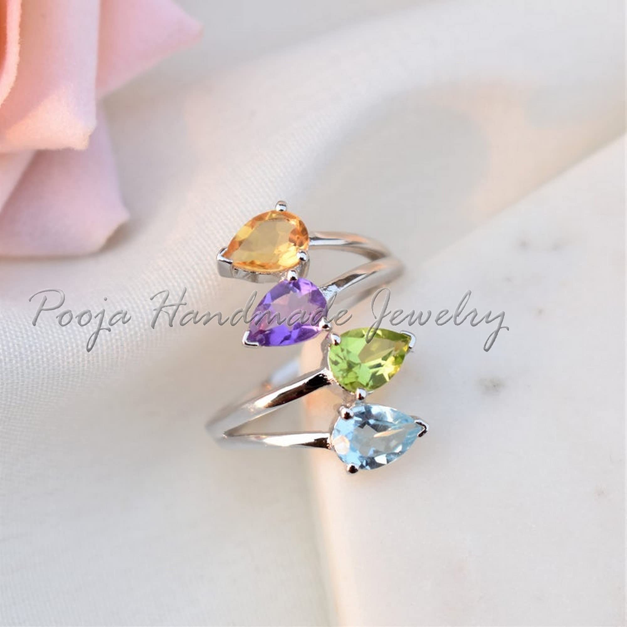 Multi Stone Ring - Blue Topaz Citrine Peridot Amethyst 925 Sterling Silver Handmade Spiral Ring | Engagement Jewelry, Wedding Gift for Her, Dainty Statement Piece | Perfect for Anniversaries, Date Nights & Special Occasions