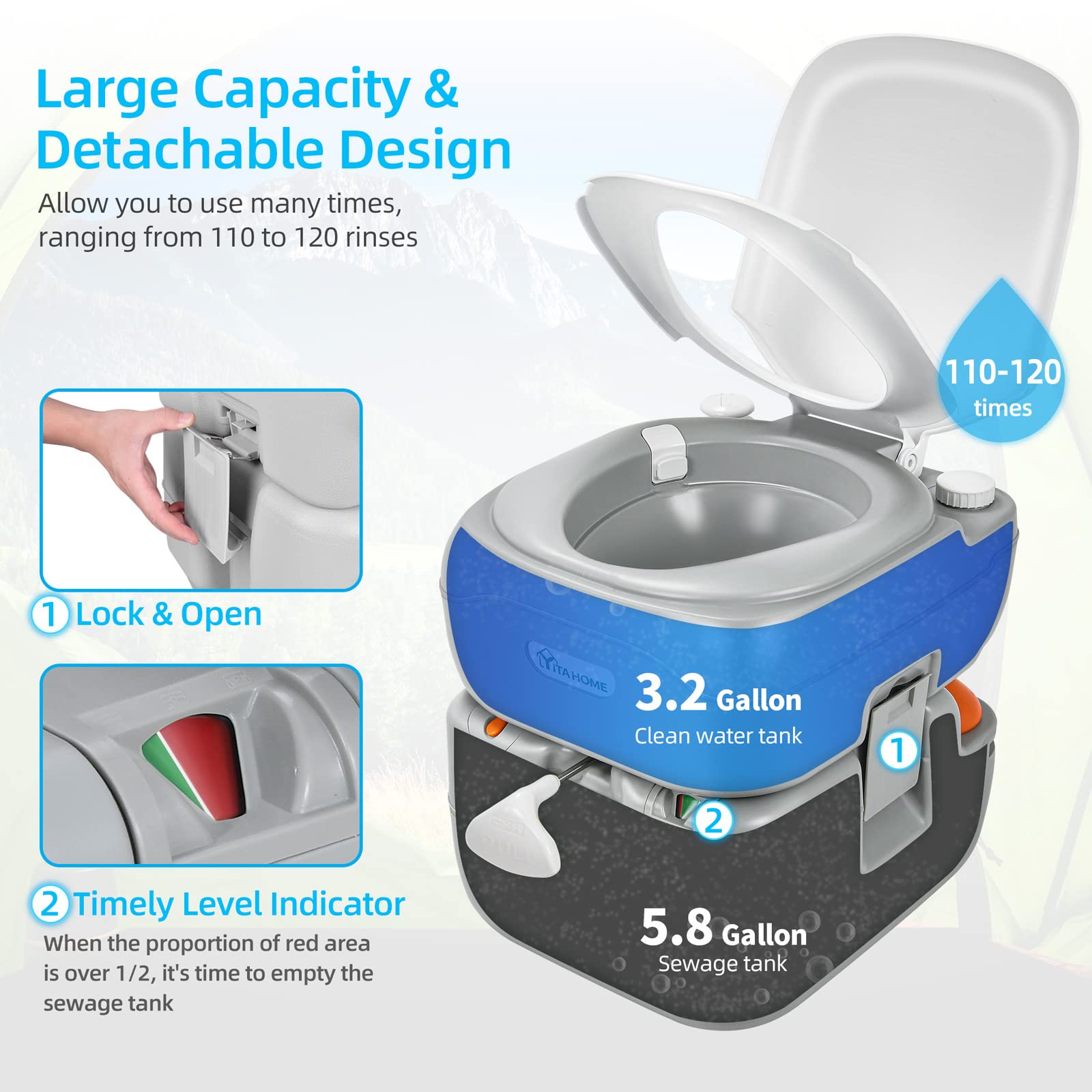 YITAHOME 5.8 Gallon Portable Toilet for Camping, RV, Boat & Outdoor Use - Leak-Proof Travel Toilet with Carry Bag, Hand Sprayer, Level Indicator & Handle Pump - Perfect for Road Trips, Hiking, Emergency Preparedness & Off-Grid Living